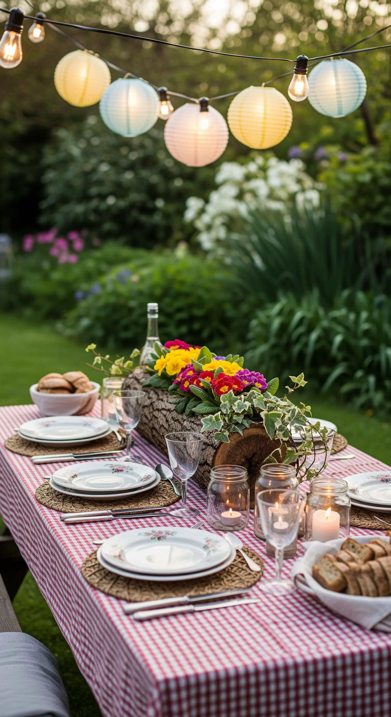 Gartentisch mit rot-weißer Decke, Lampions und bepflanztem Baumstamm
