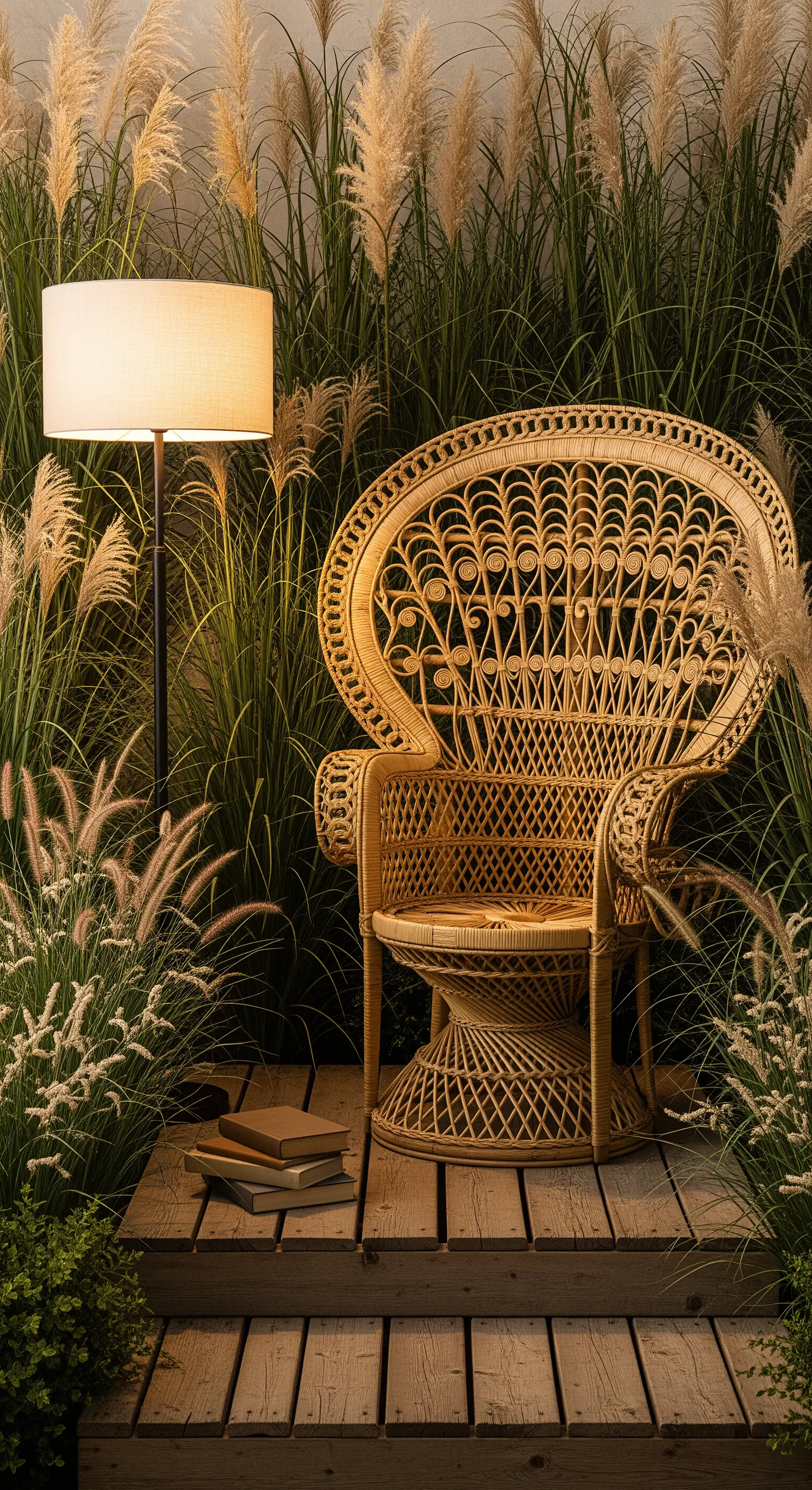 Rattansessel versteckt in hohem Ziergras