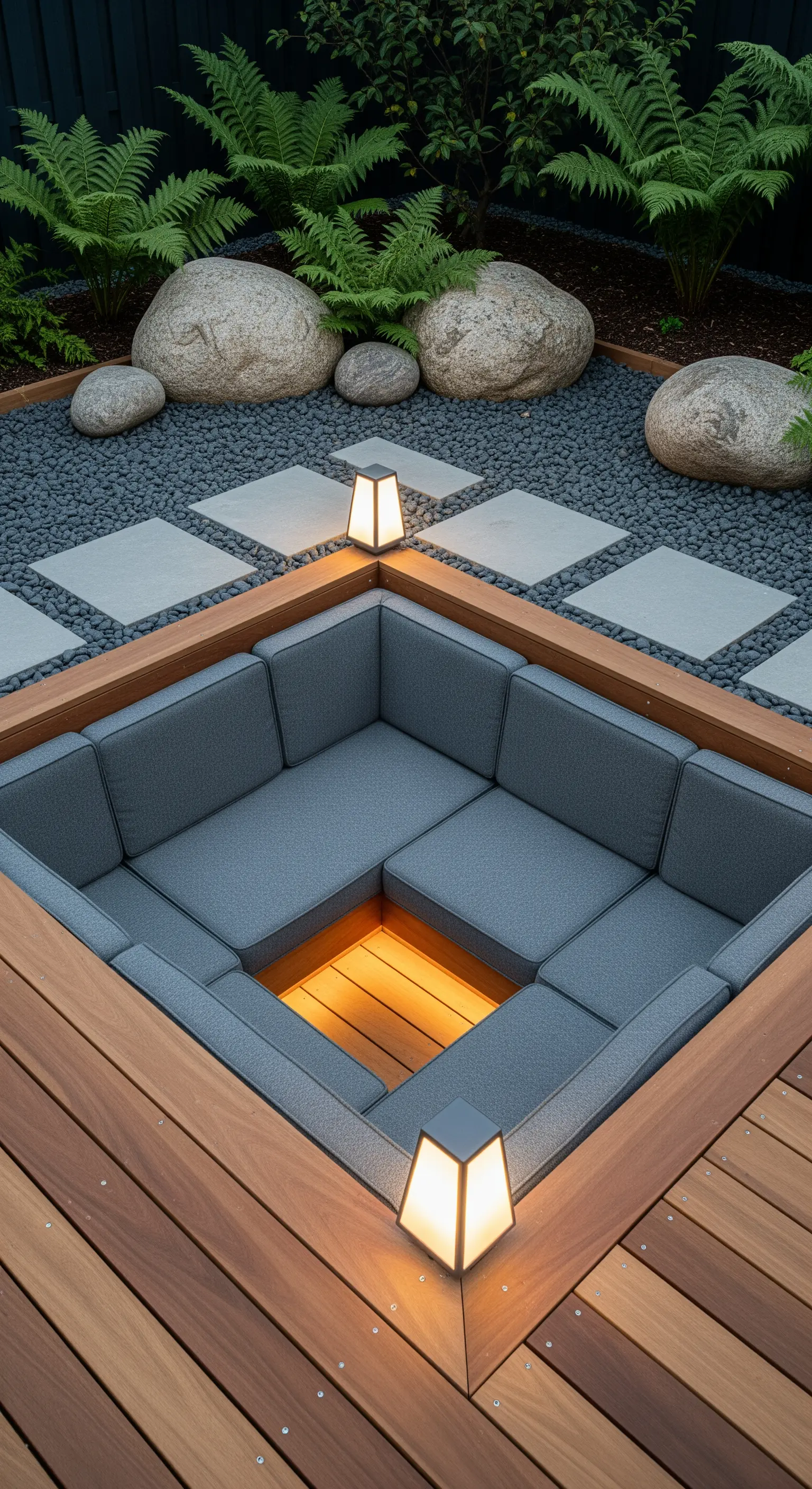 Versenkte Sitzecke im Holzdeck mit grauen Polstern und warmer Beleuchtung