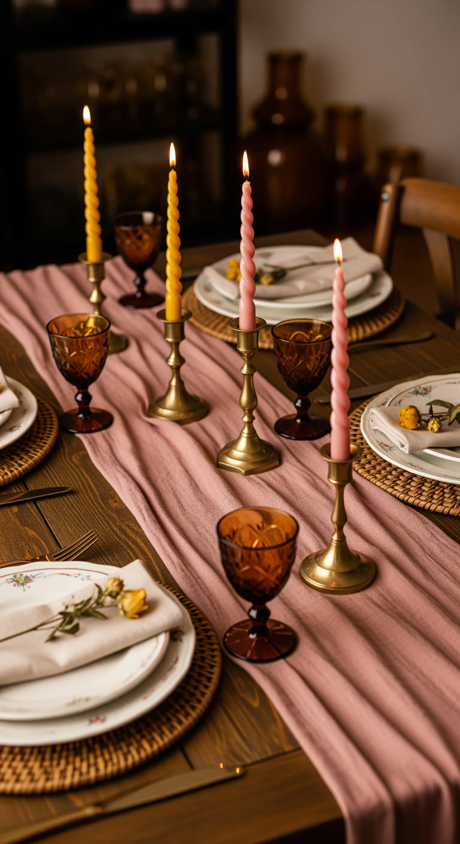 Gedeckter Holztisch mit rosa Läufer und gedrehten Kerzen
