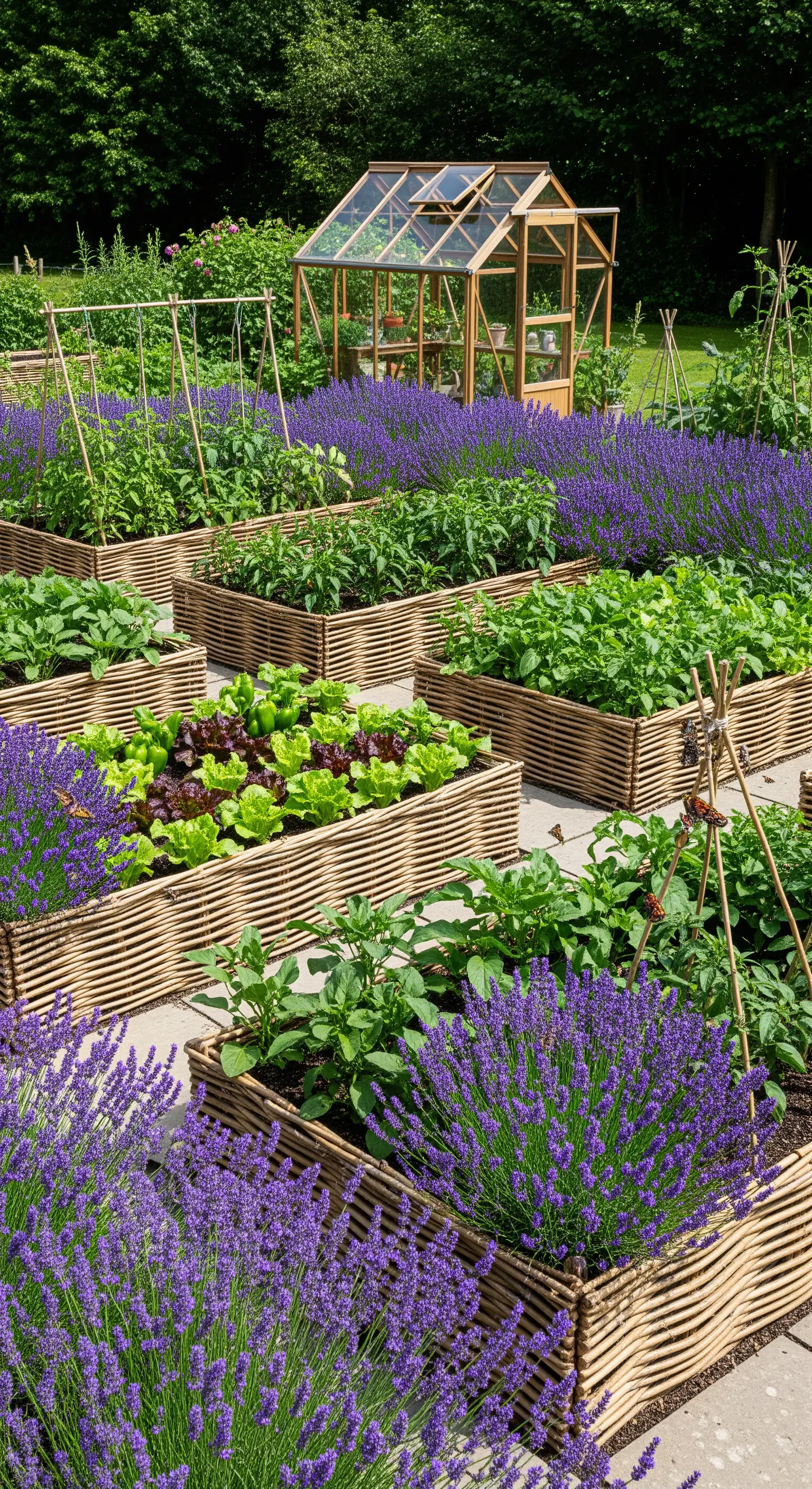 Hochbeete mit geflochtener Weidenumrandung voller Lavendel und Salat