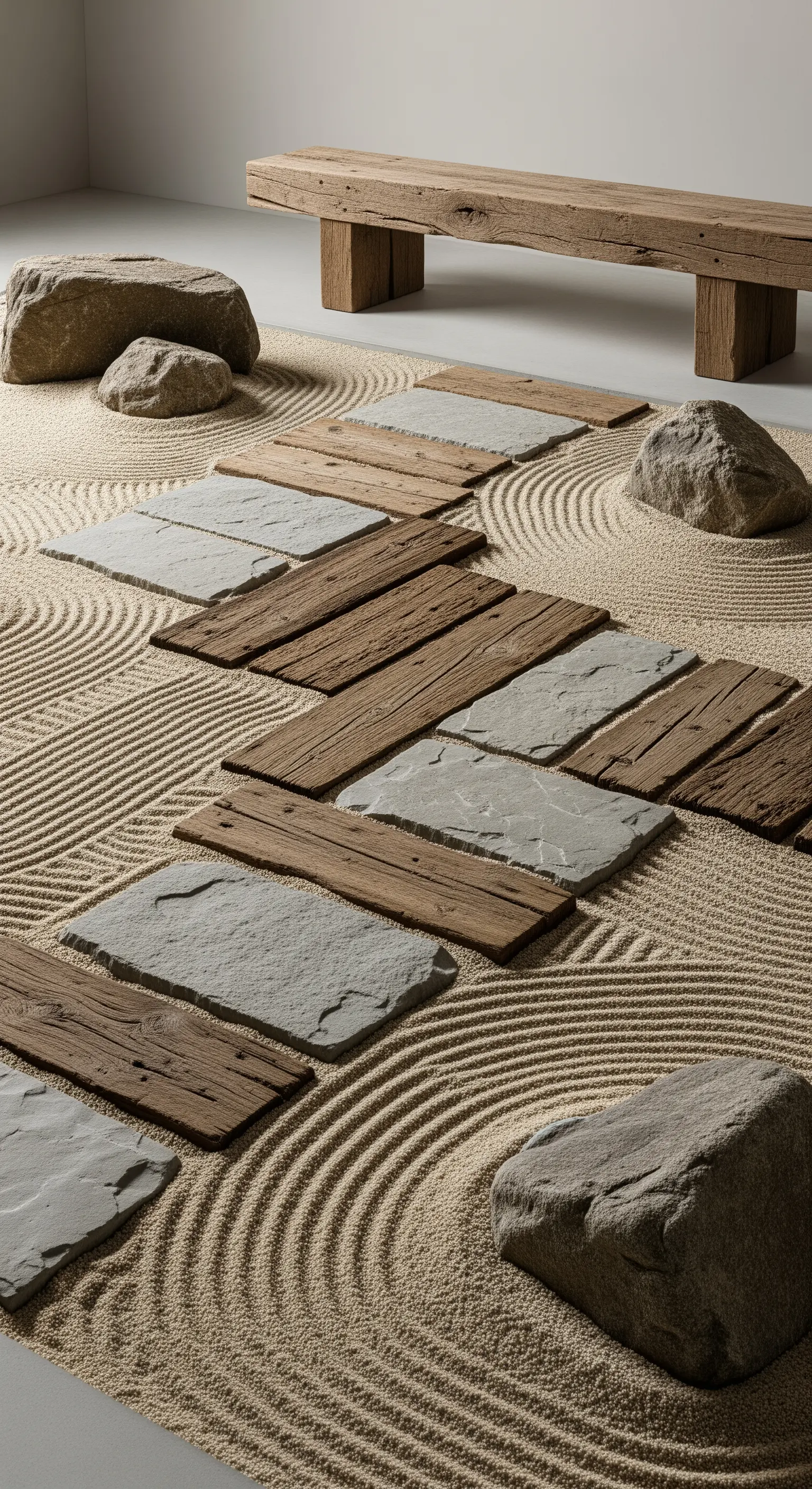 Geharkter Zen-Garten mit Holzbalken-Bank