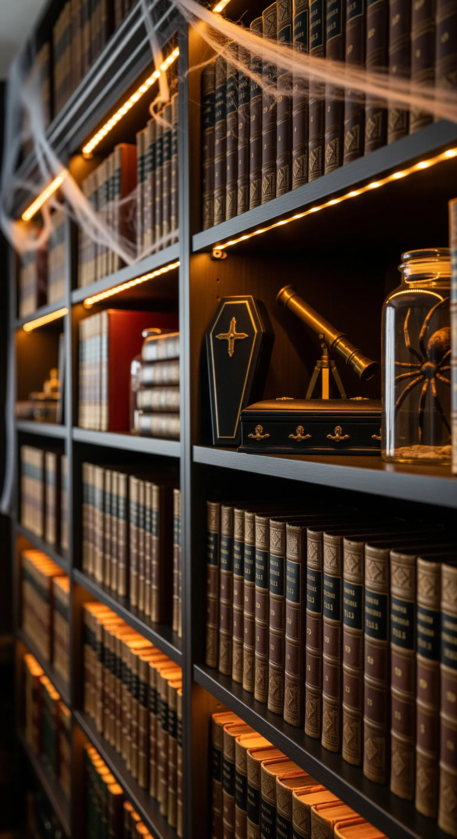 Bücherregal mit Sarg-Deko und LED-Licht