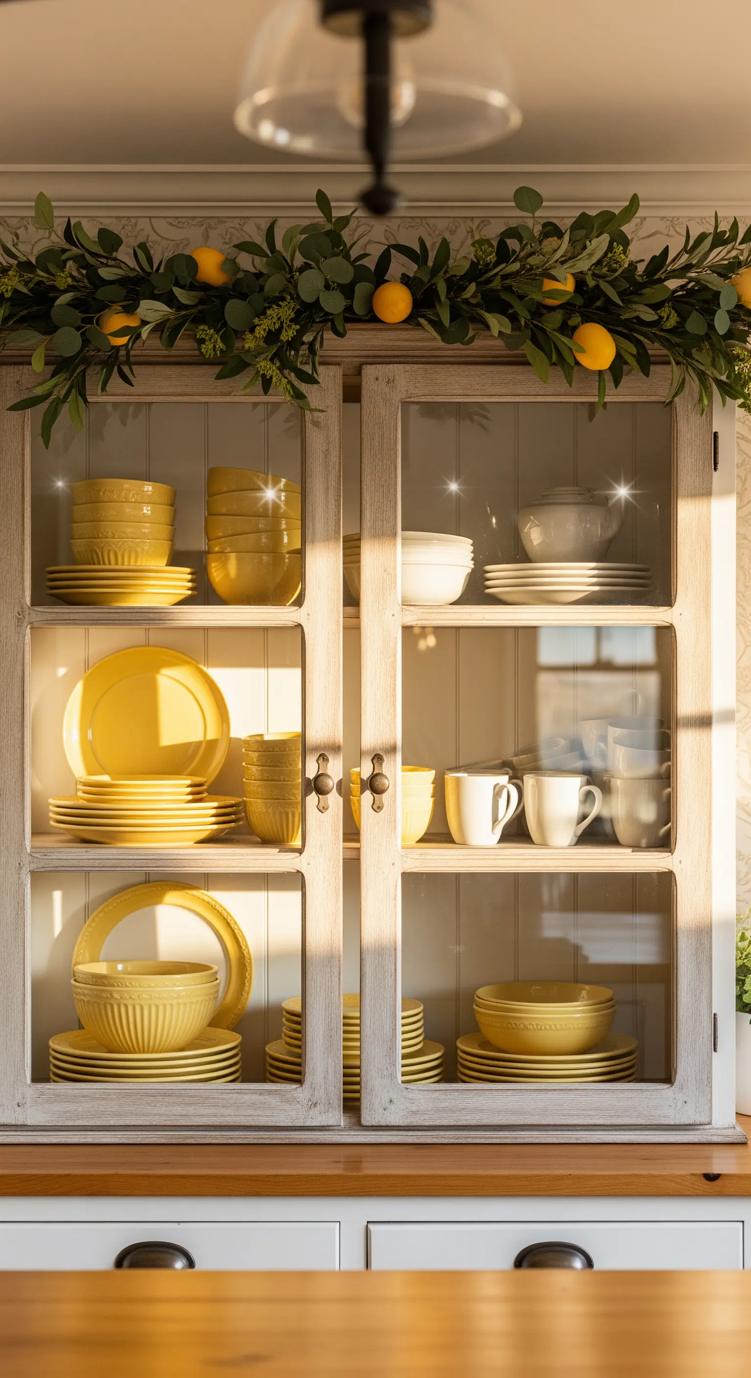Vitrinenschrank gefüllt mit gelbem Geschirr und Tassen