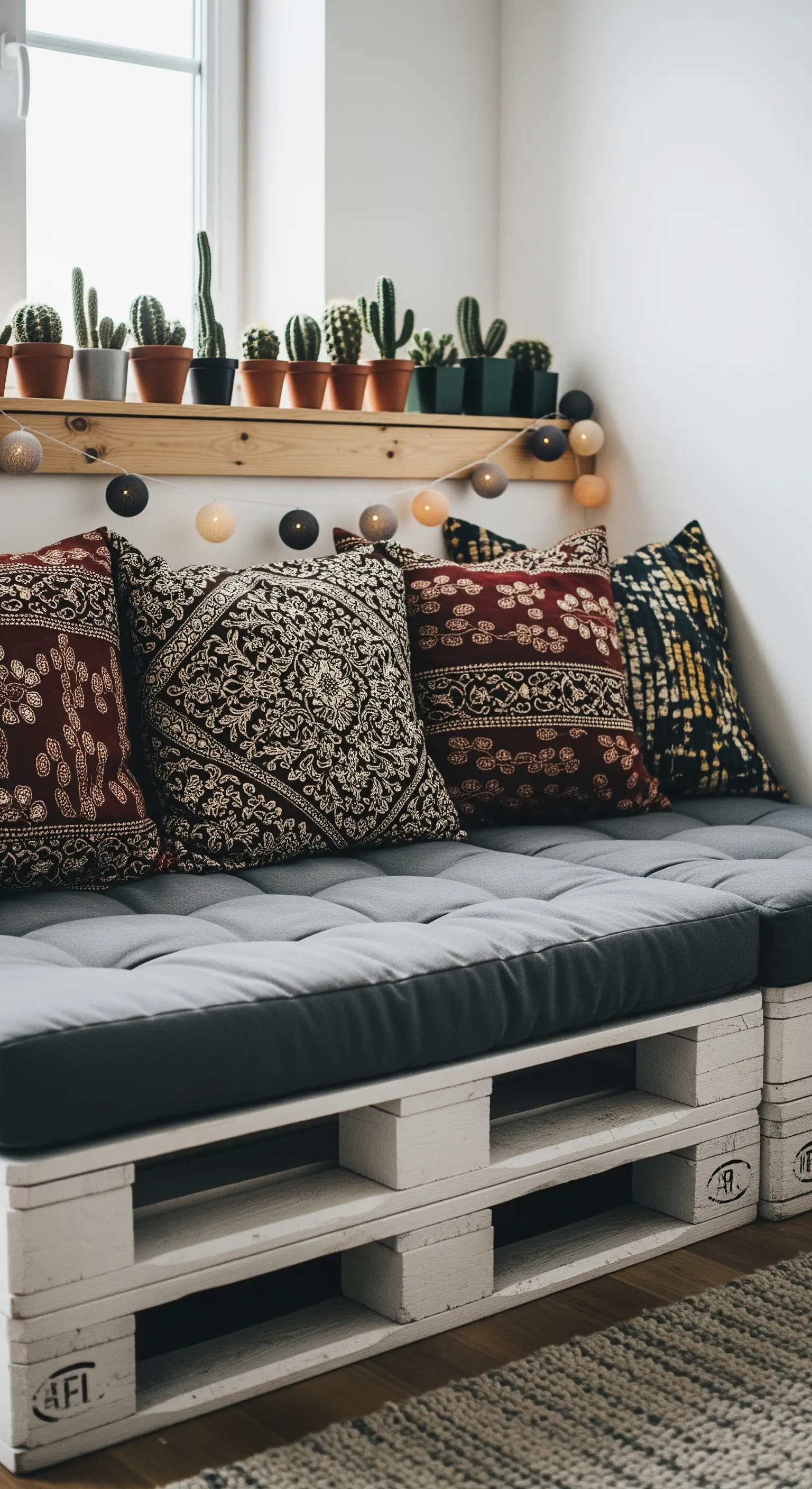 Palettensofa mit Lichterkette und Kakteenregal
