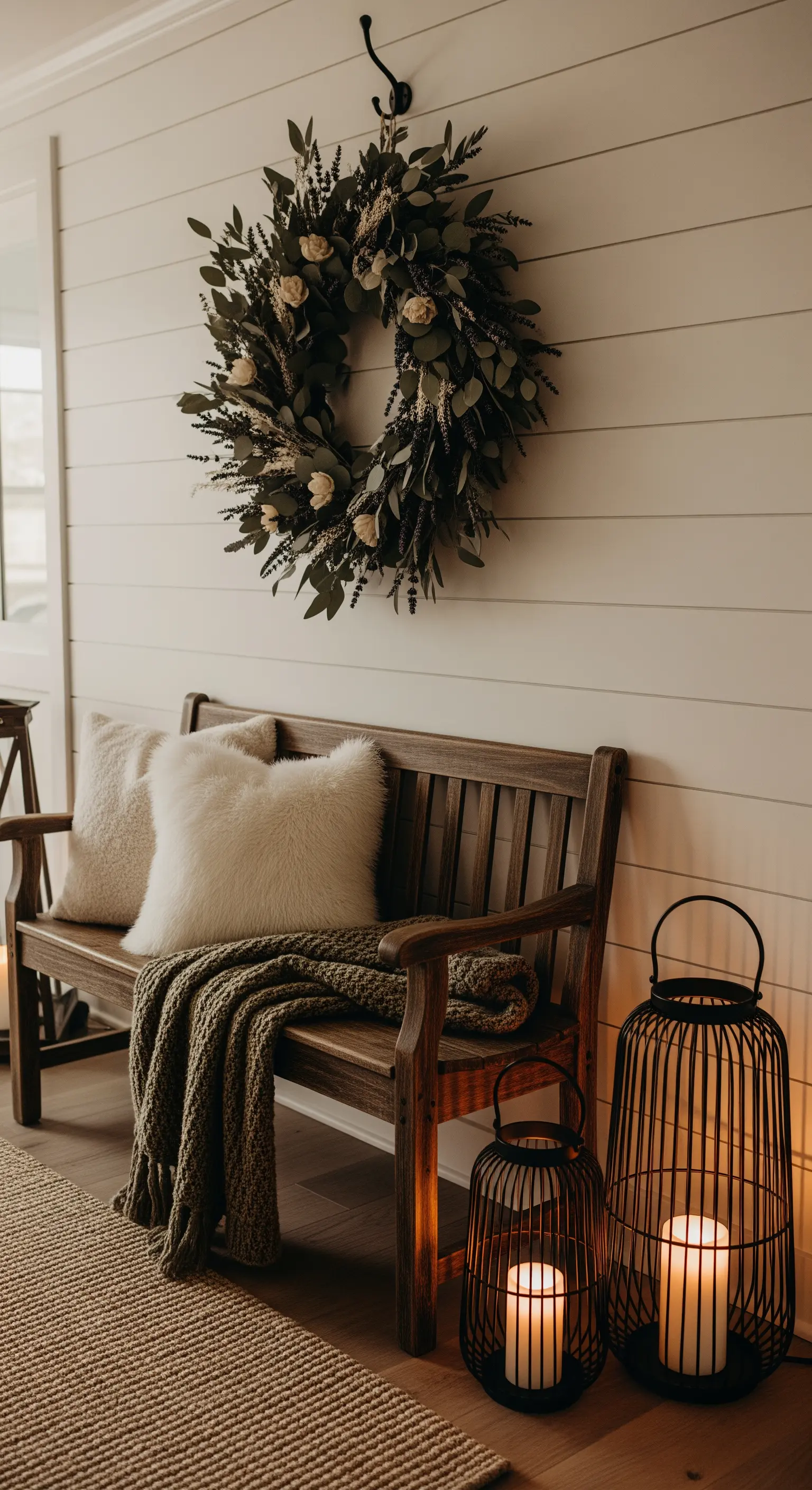 Holzbank mit Fellen, Decken und Trockenblumenkranz