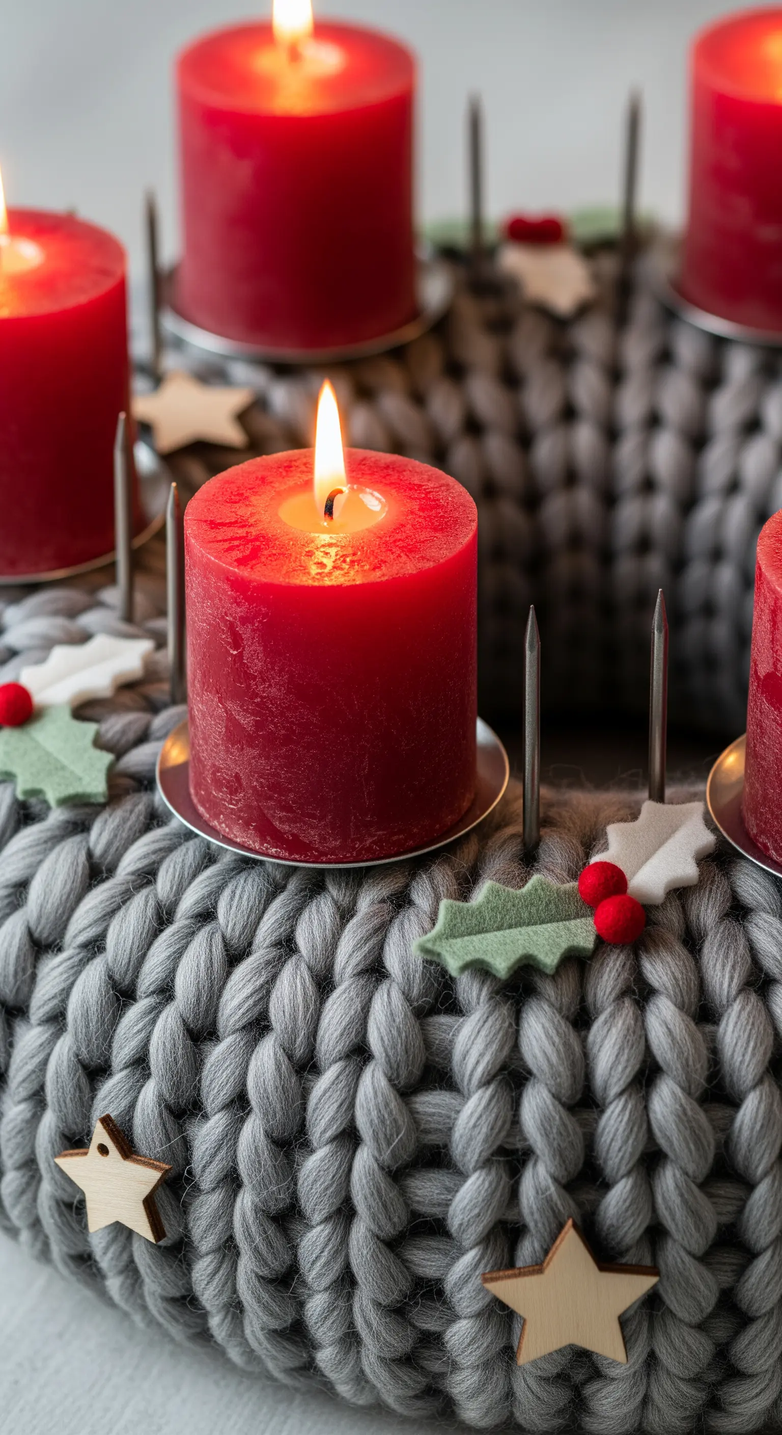 Kranz aus grobem grauen Strick mit roten Kerzen und Filz-Stechpalmenblättern