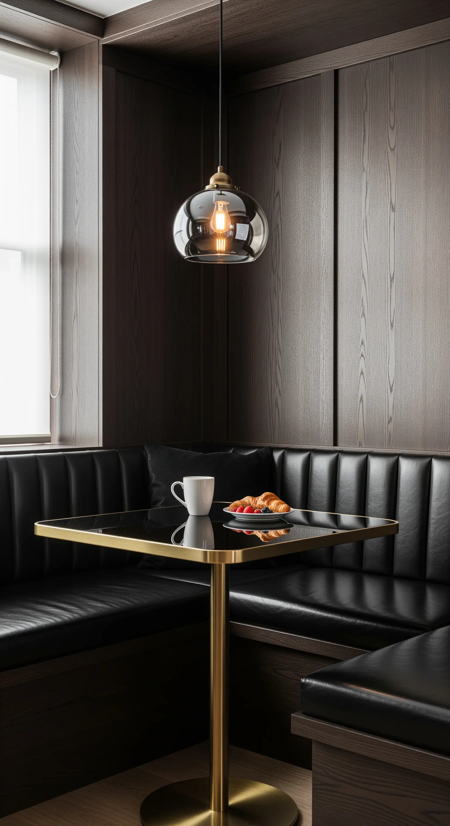 Dunkle Sitzecke mit Lederbank und Pendelleuchte