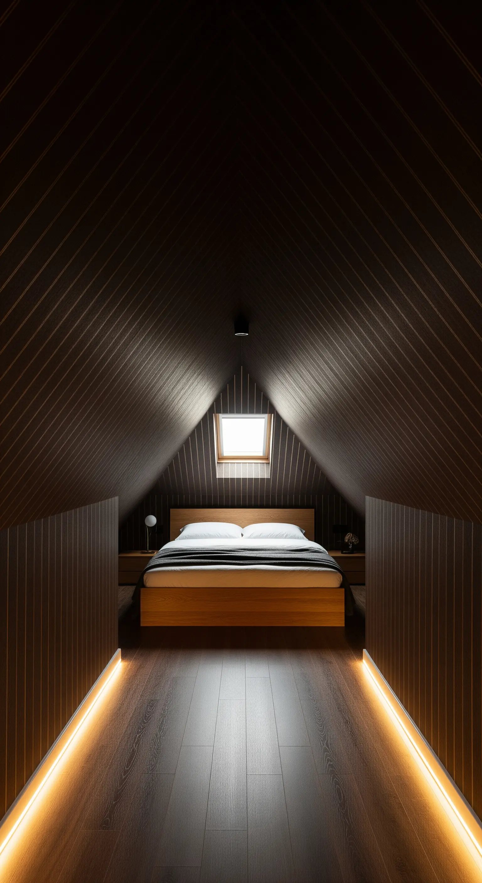 Dachschräge mit dunkler Streifentapete und Bodenbeleuchtung