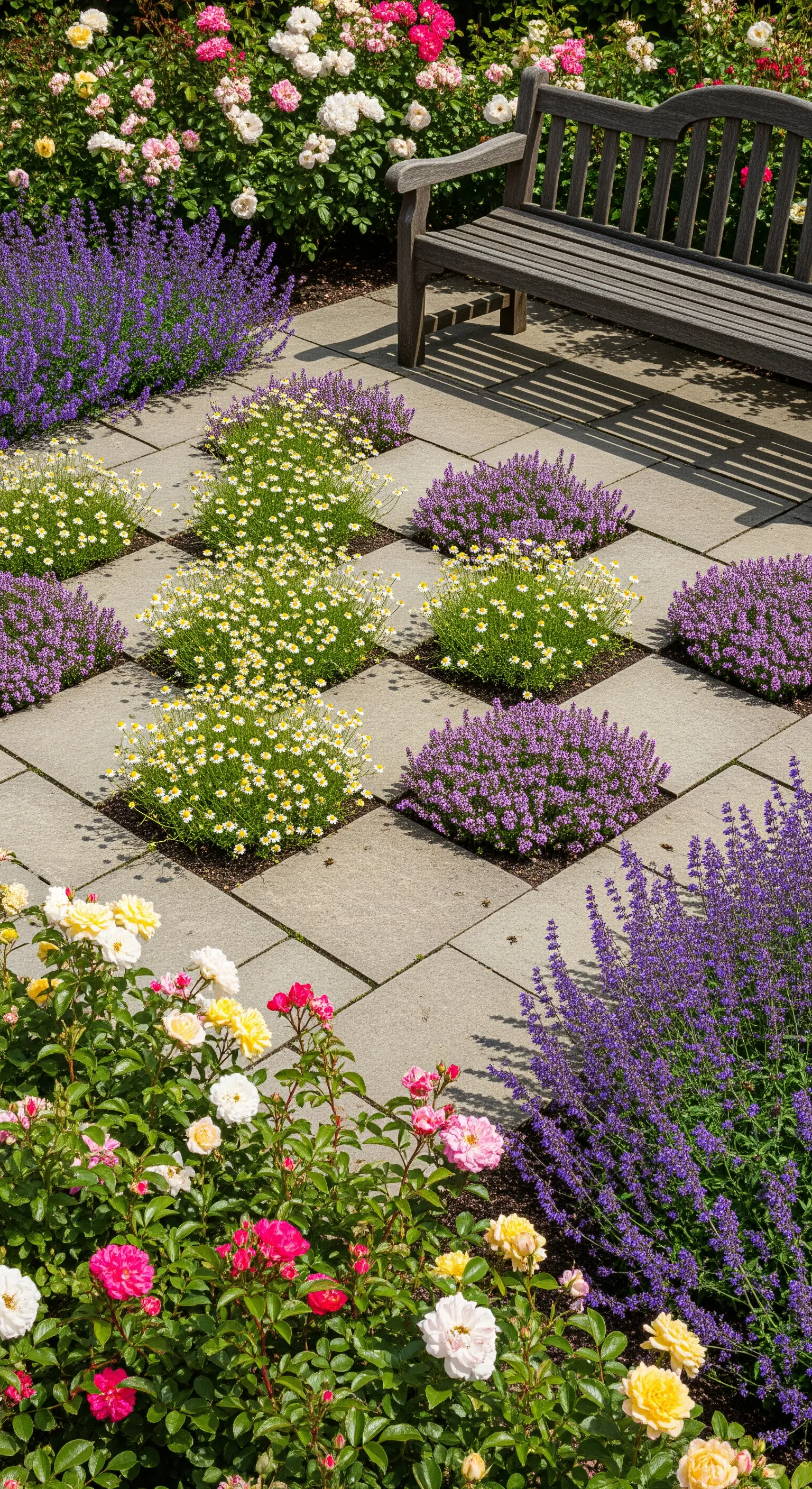 Terrasse mit Schachbrettmuster aus Steinplatten und Kräutern