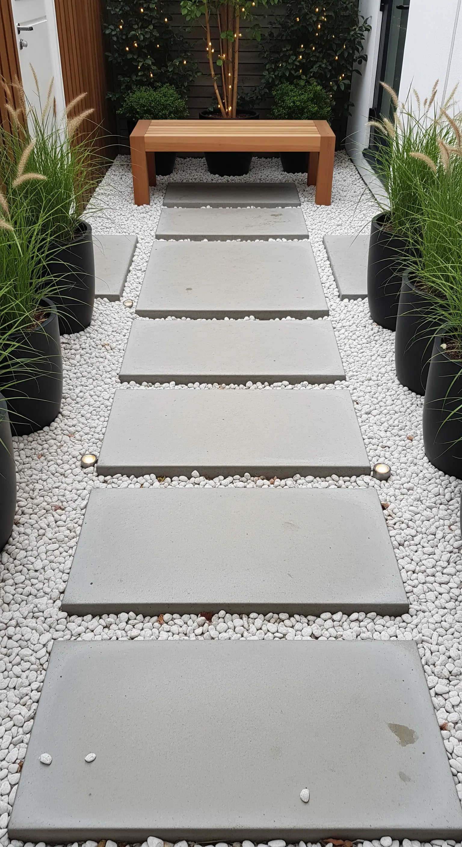 Betonplatten Weg auf weißem Kies mit Holzbank