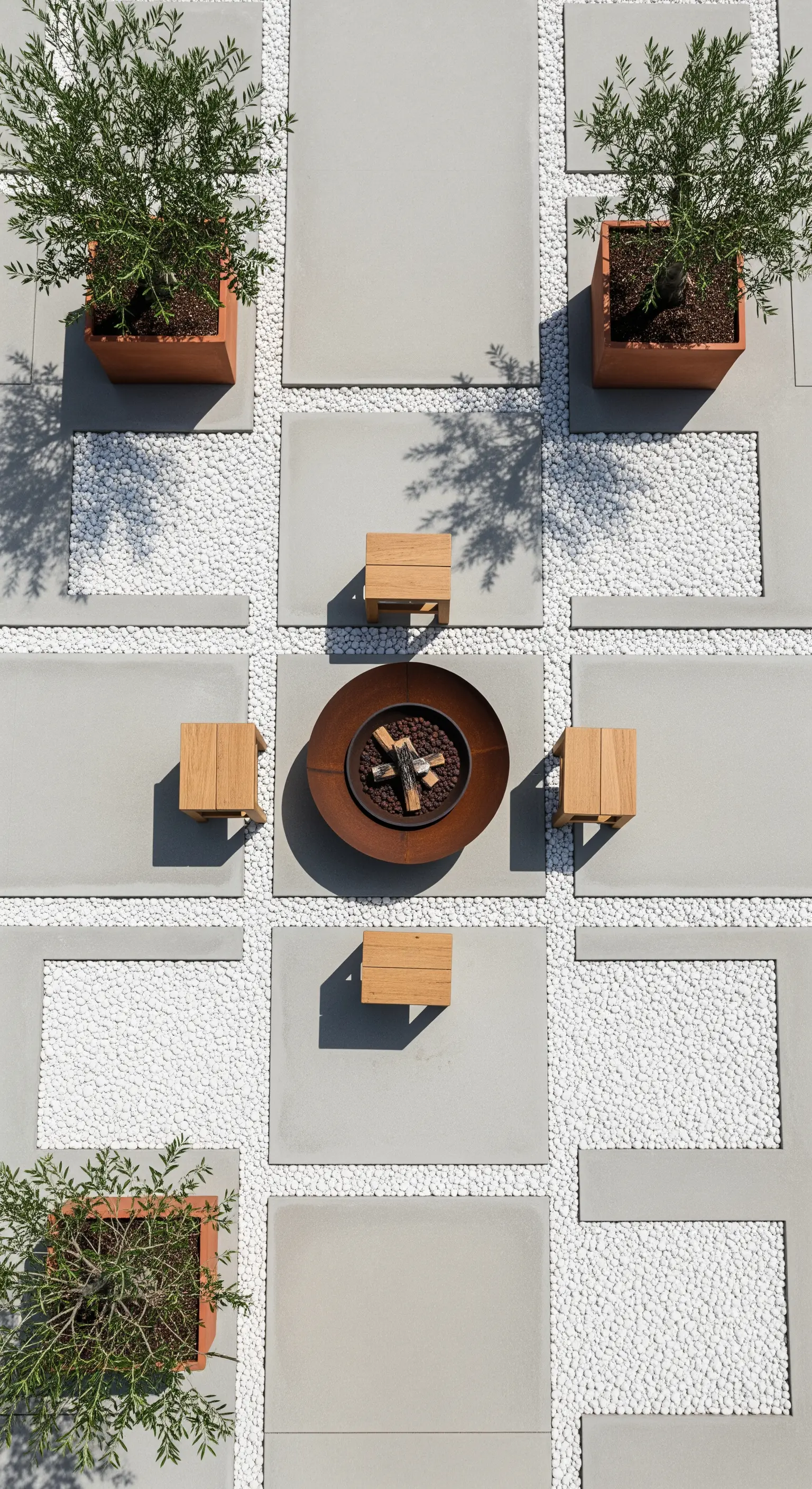 Draufsicht auf quadratische Terrassenplatten mit Feuerschale