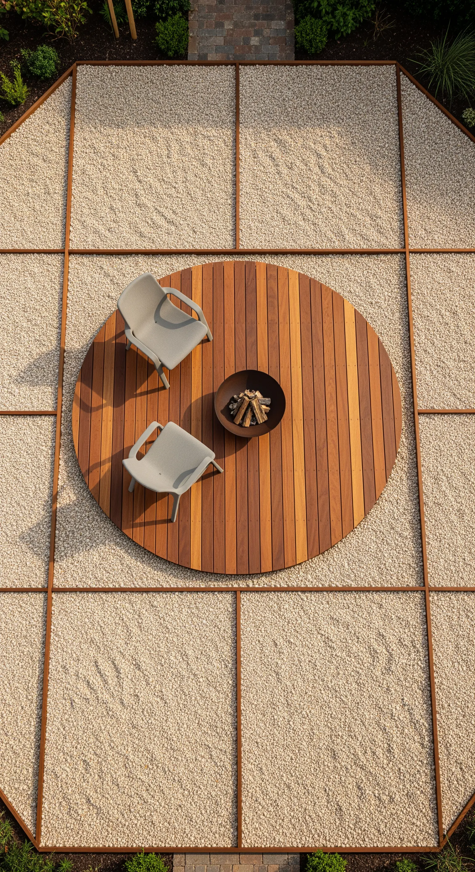 Rundes Holzdeck mit Feuerschale in quadratischem Kiesfeld