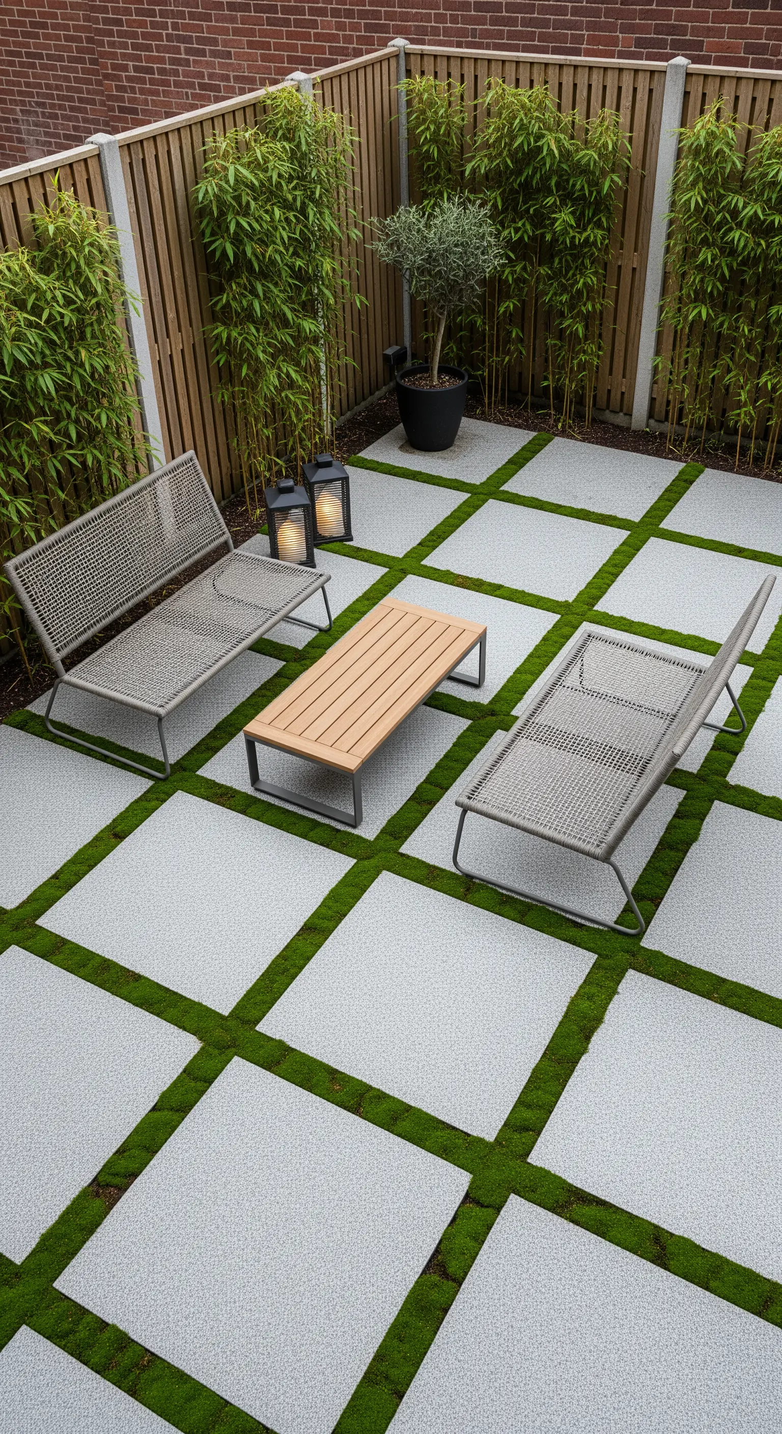 Quadratische Terrassenplatten mit grünem Moos in den Fugen Japandi