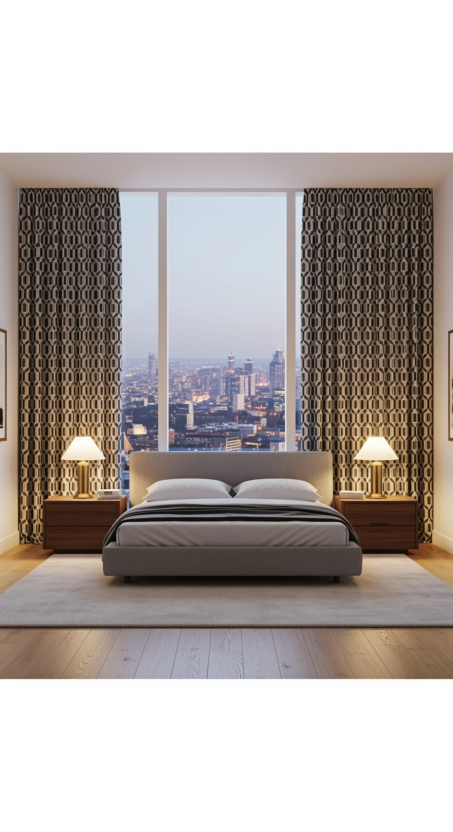 Gemusterte Vorhänge vor Stadtpanorama