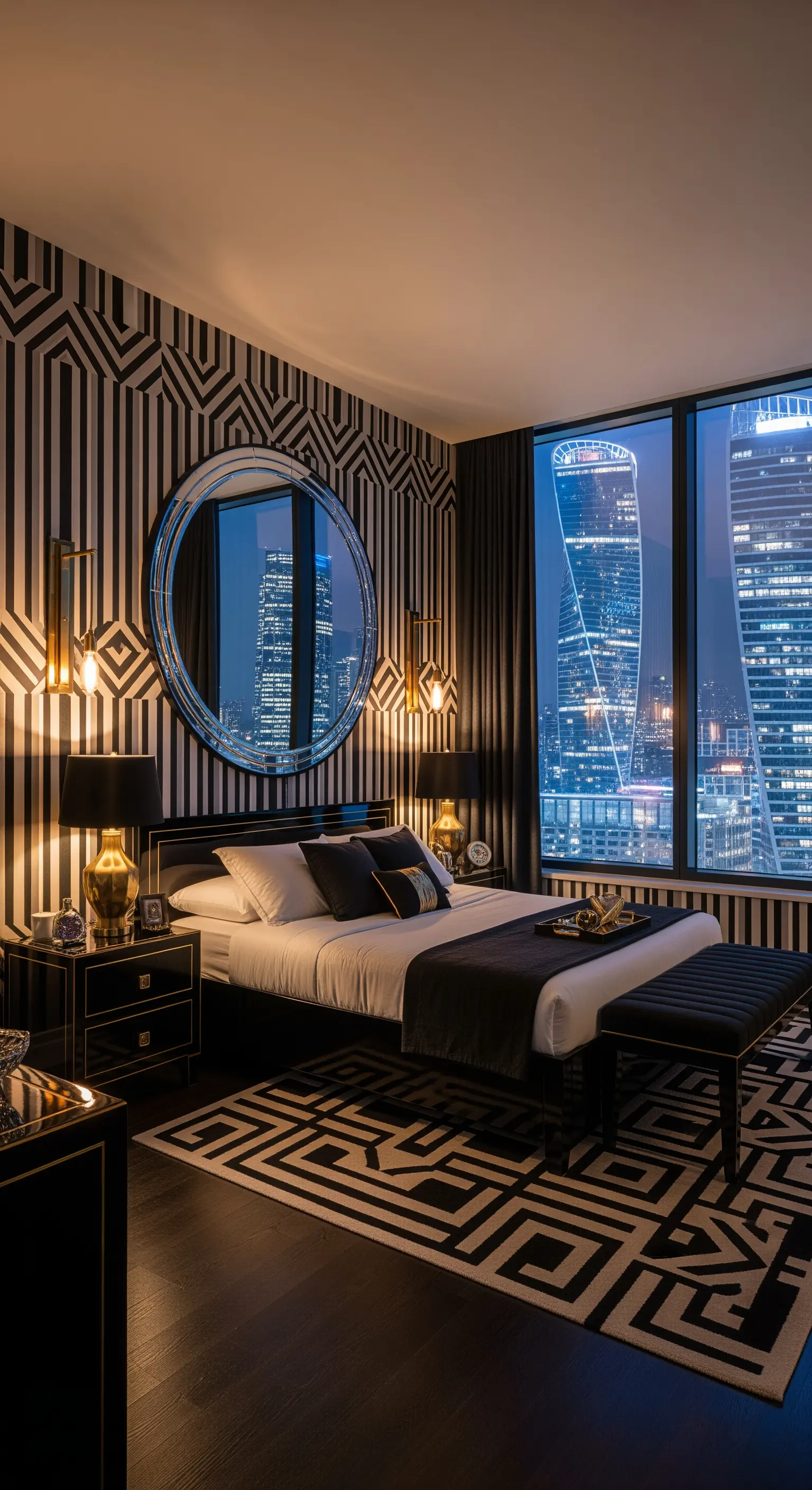 Schlafzimmer mit schwarz-weißer geometrischer Tapete und rundem Spiegel