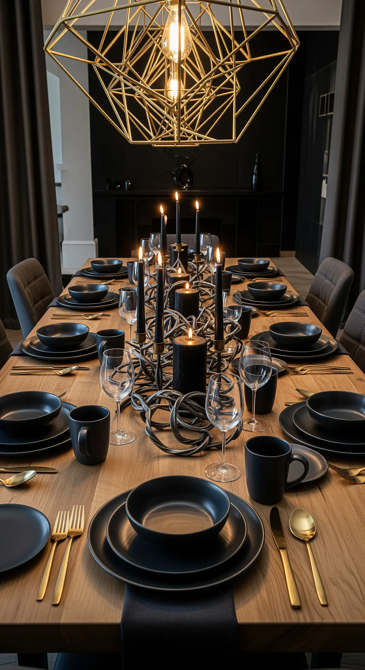 Esstisch mit schwarzen Kerzen und geometrischem Goldleuchter