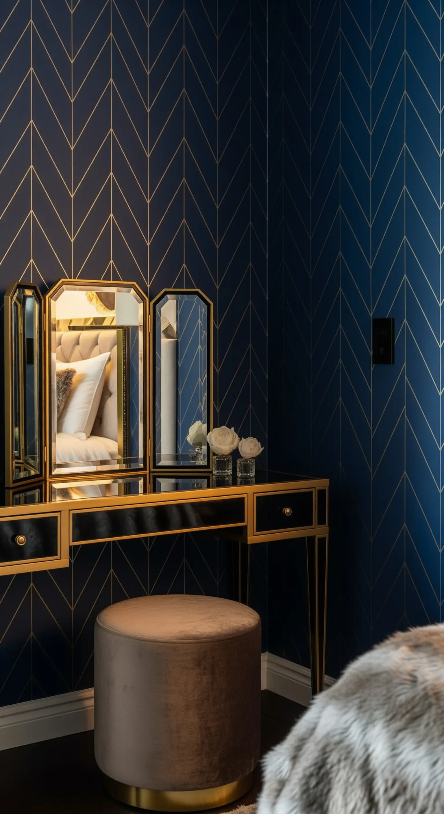 Schminktisch mit Spiegel vor blauer Tapete mit goldenem Chevron-Muster