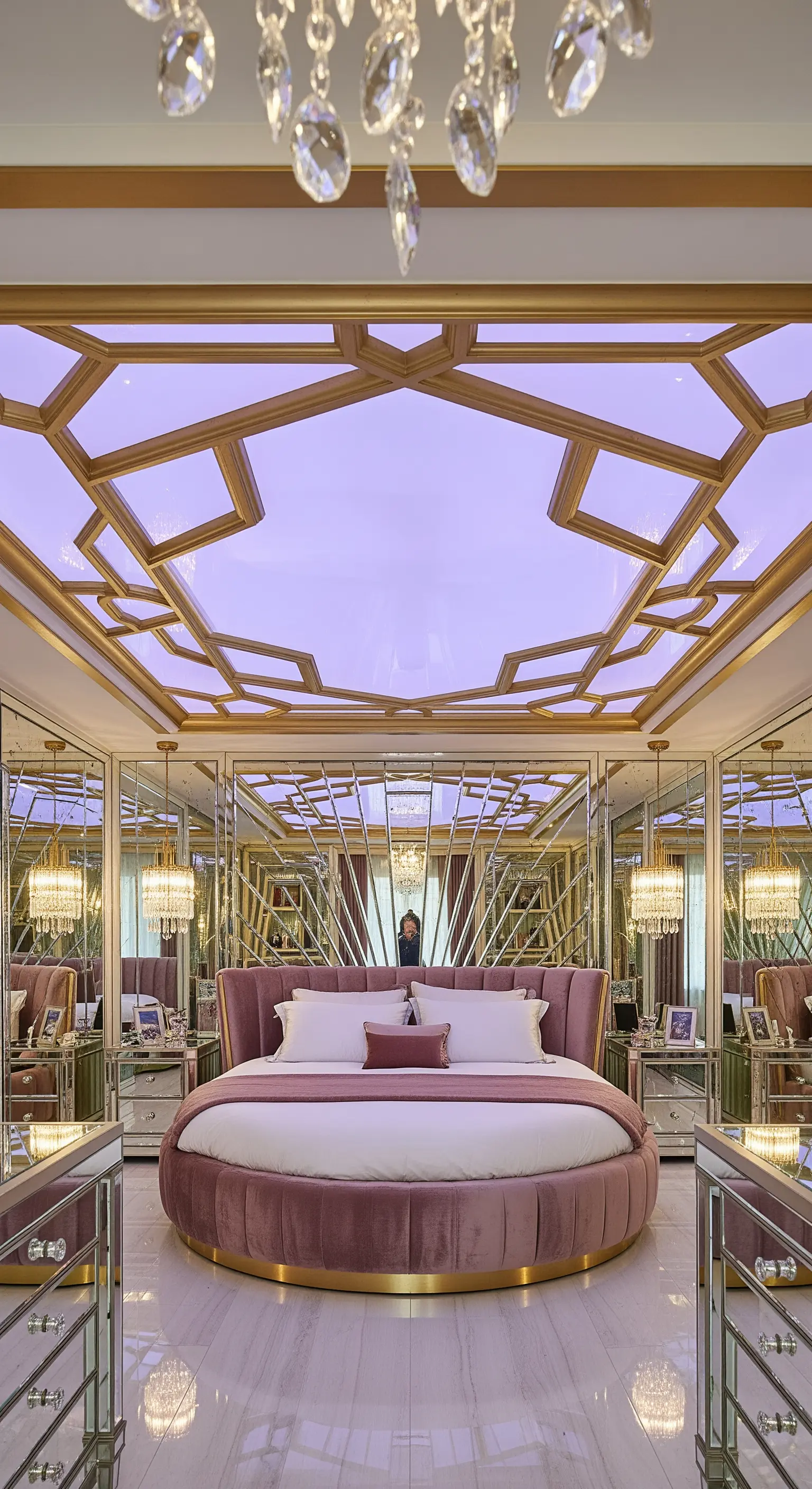 Luxus Schlafzimmer lila Licht Golddecke