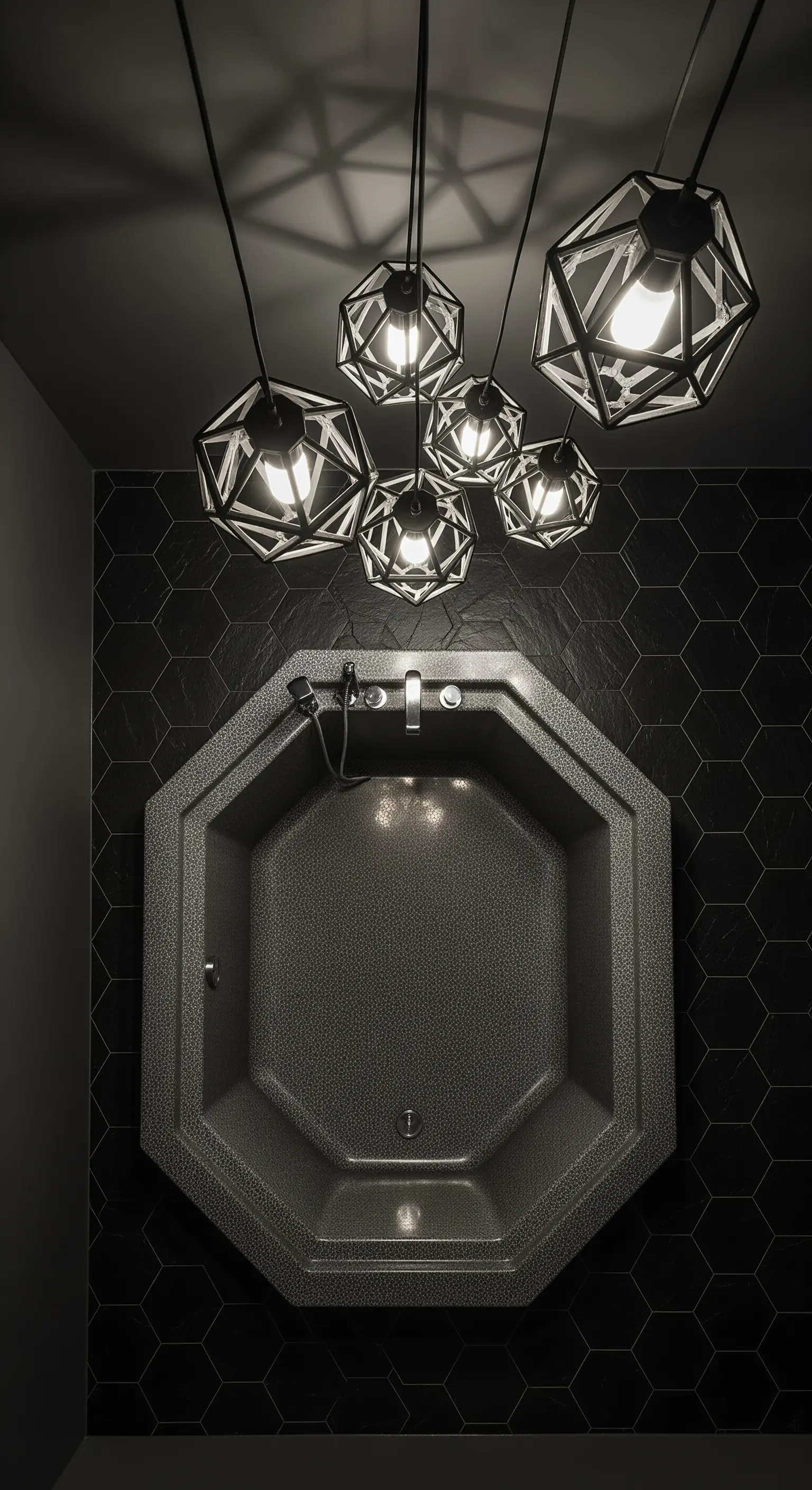 Hexagon-Fliesen und geometrische Lampen über Wanne