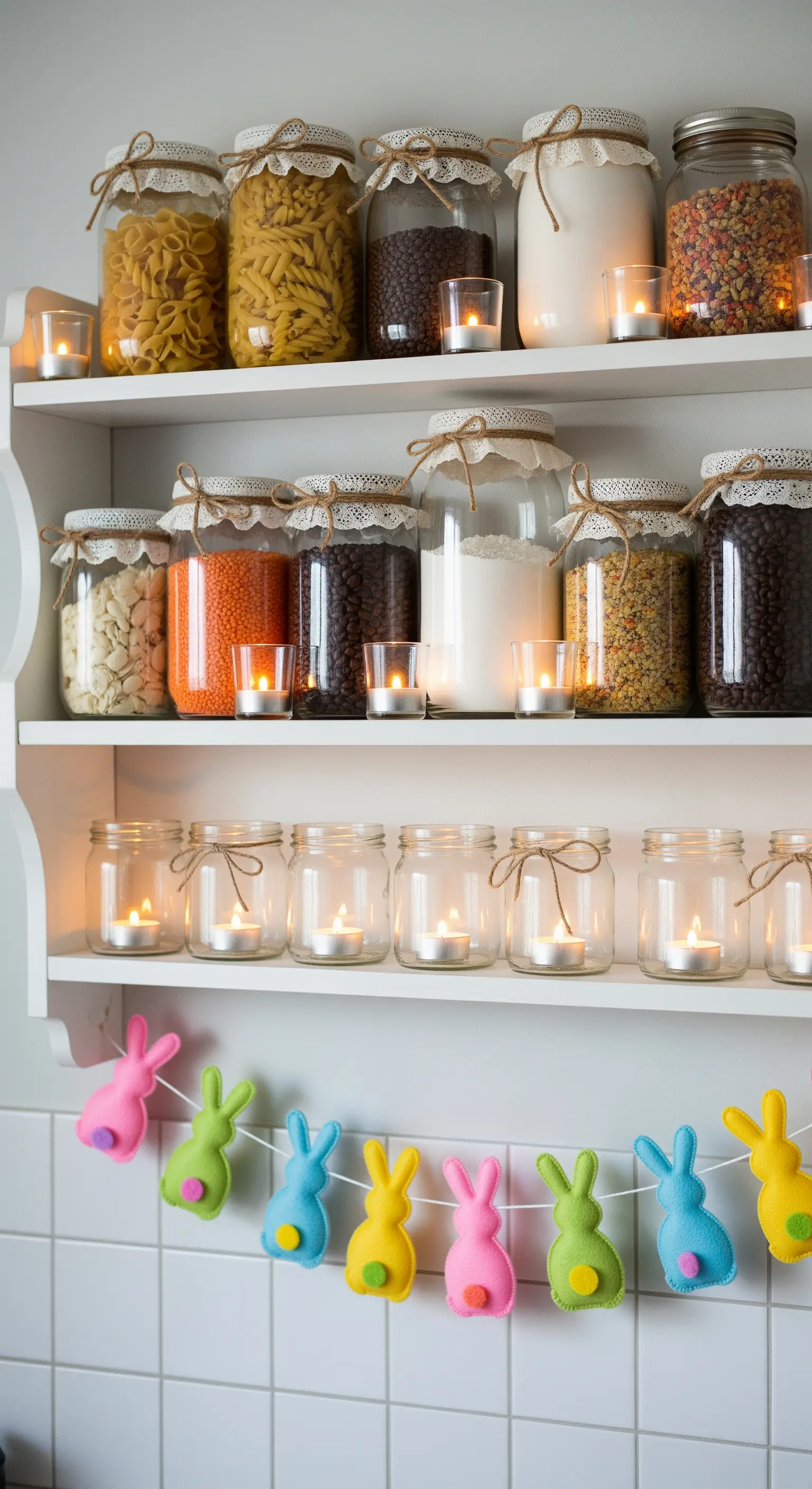 Küchenregal mit Vorratsgläsern, Spitzenborte und Teelichtern