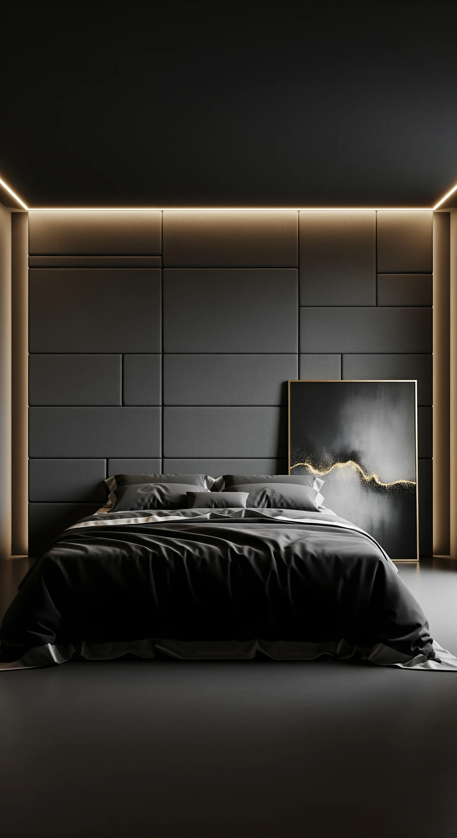 Schlafzimmer mit grauer Polsterwand und indirekter Beleuchtung