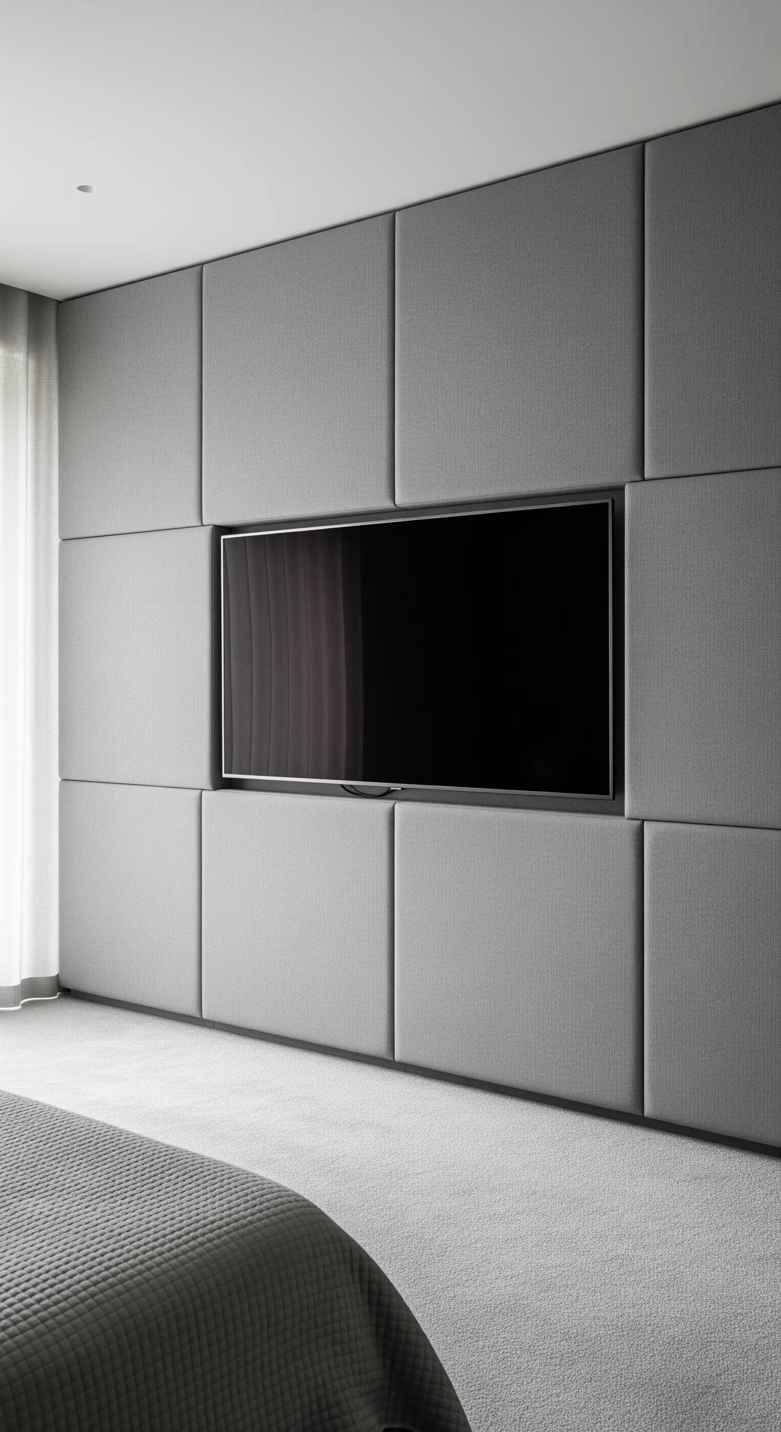 Graue gepolsterte Wandpaneele mit TV