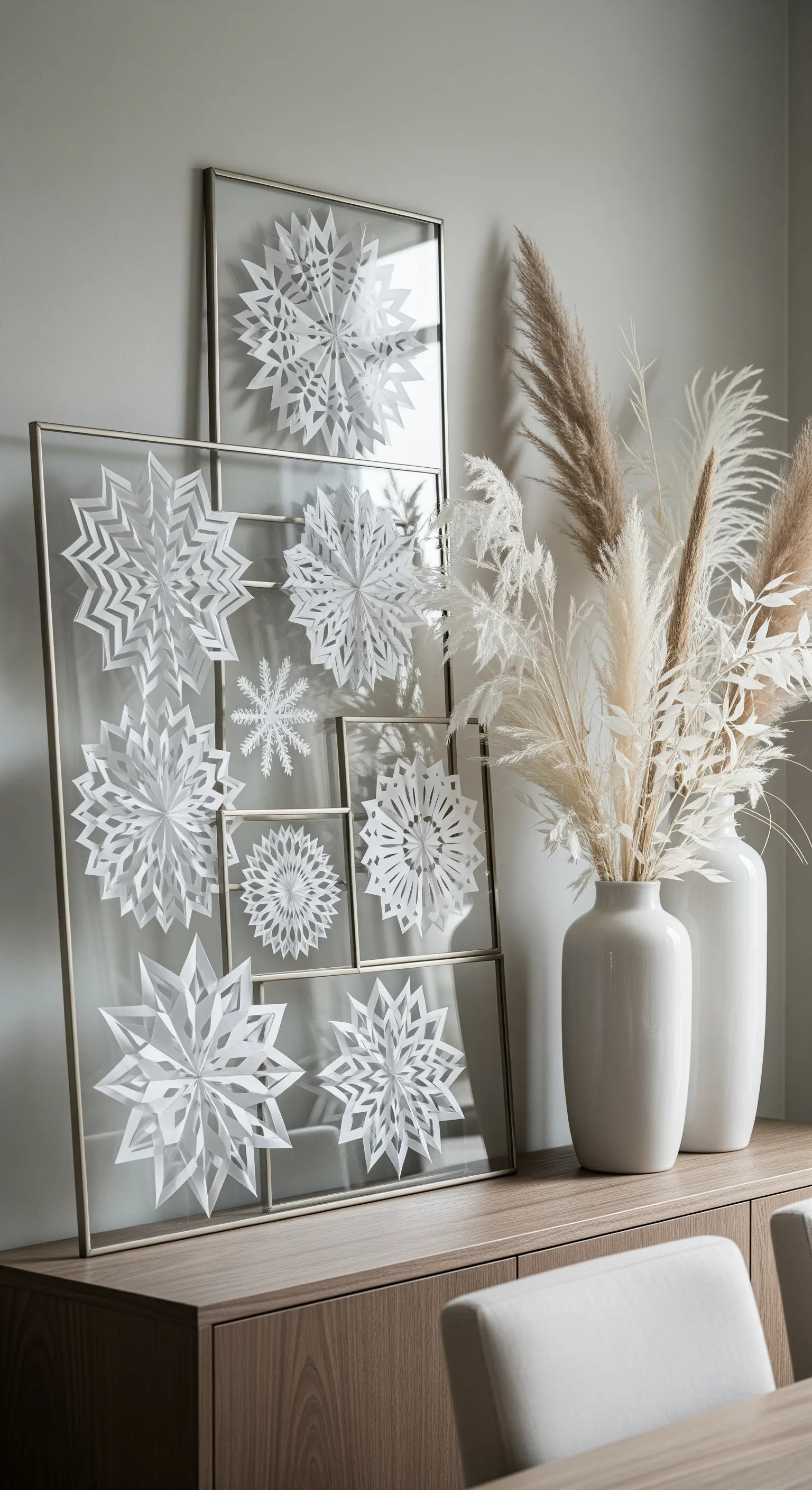 Glasrahmen auf einem Sideboard, in denen weiße Papier-Schneeflocken kunstvoll präsentiert werden.