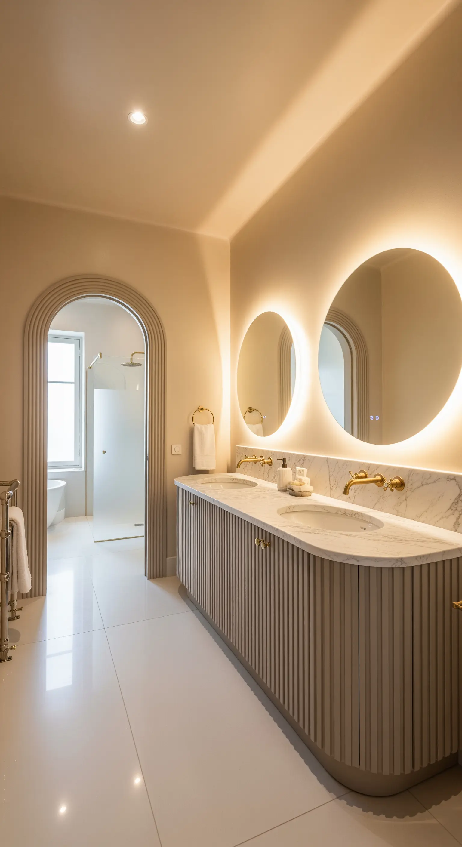 Badezimmer mit Bogen-Durchgang und geriffeltem Waschtisch