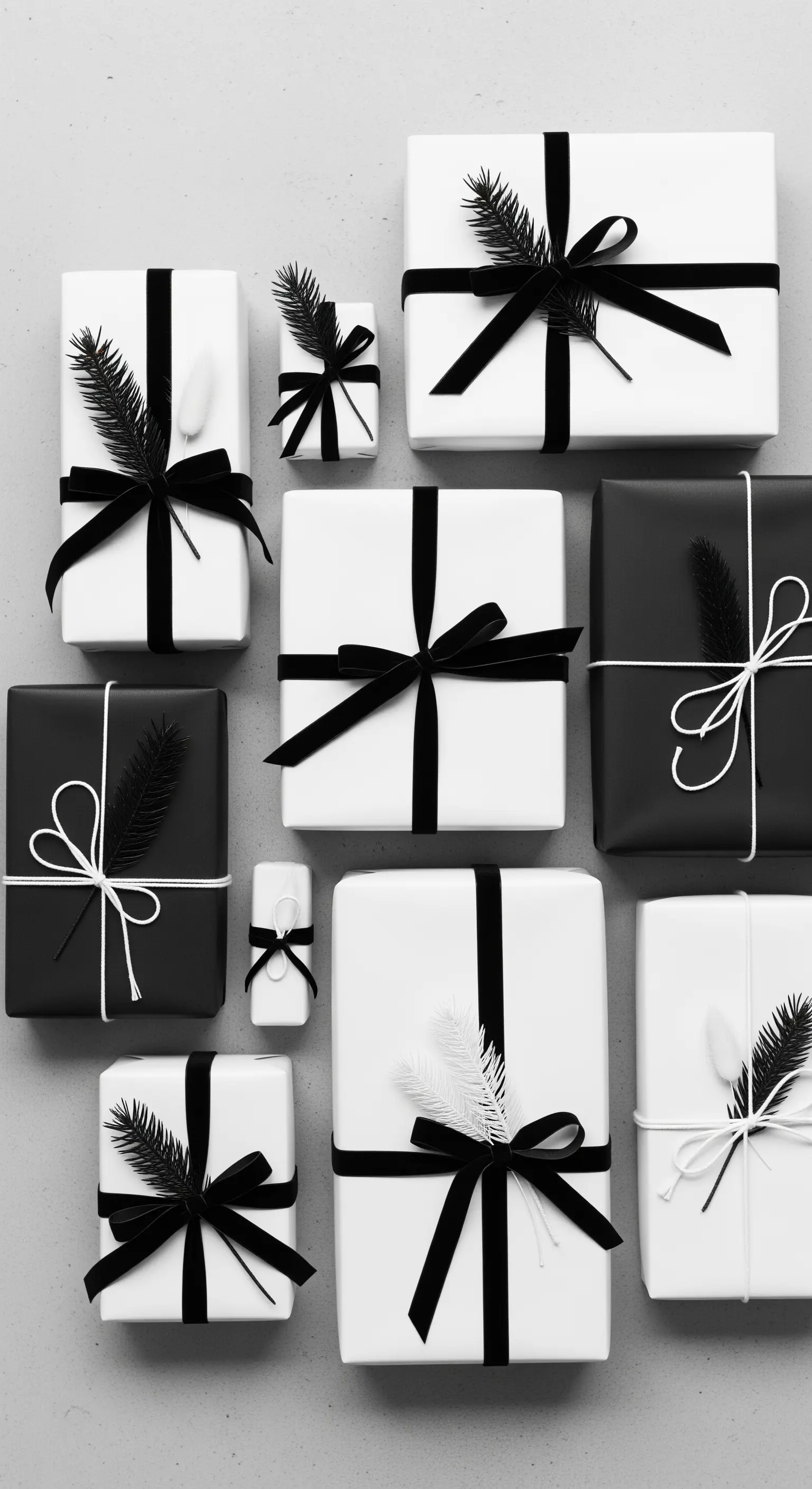 Flatlay von Geschenken in schwarz und weißem Papier mit Samtschleifen und Zweigen