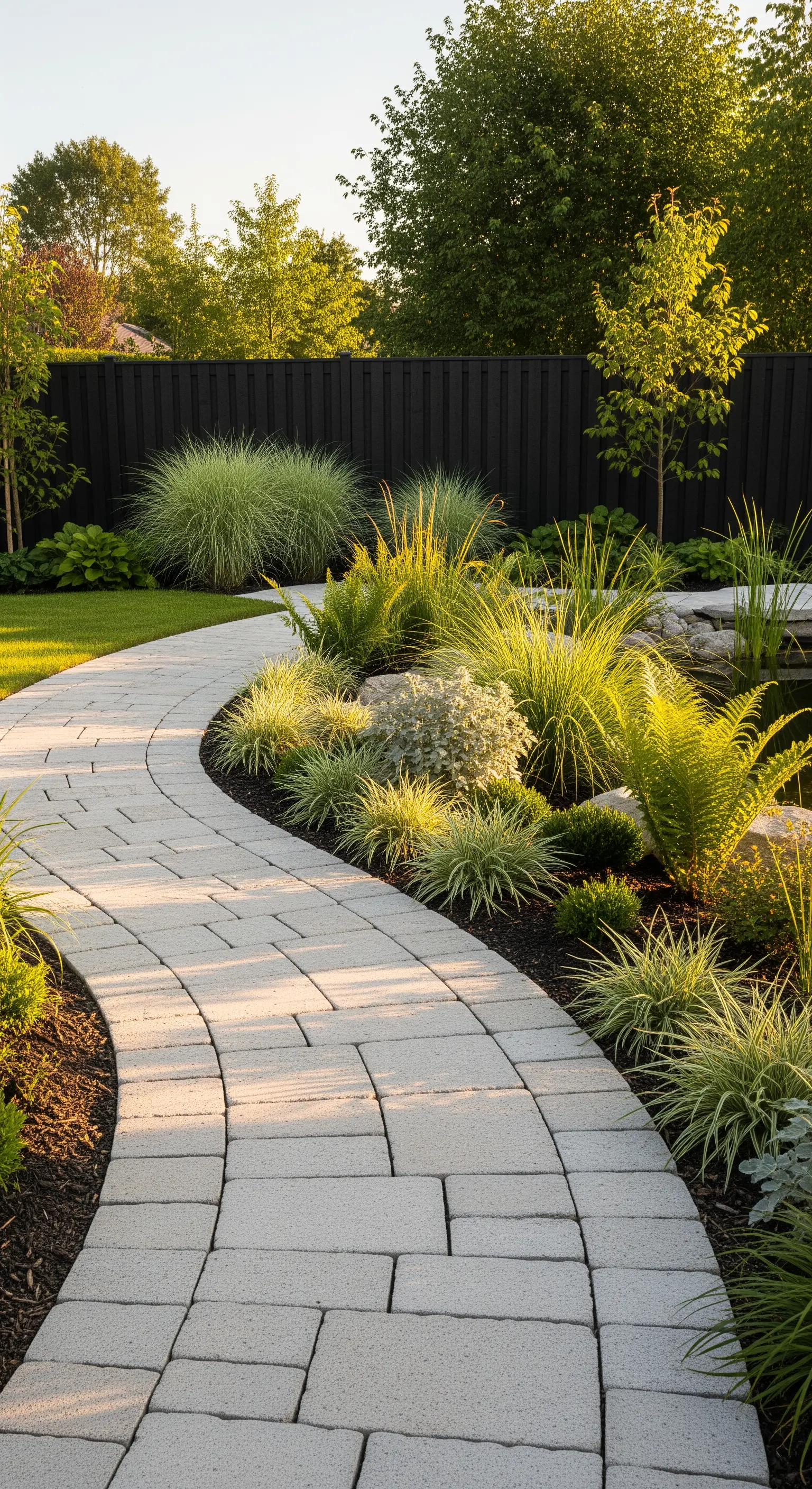 Geschwungener Steinweg mit Ziergräsern