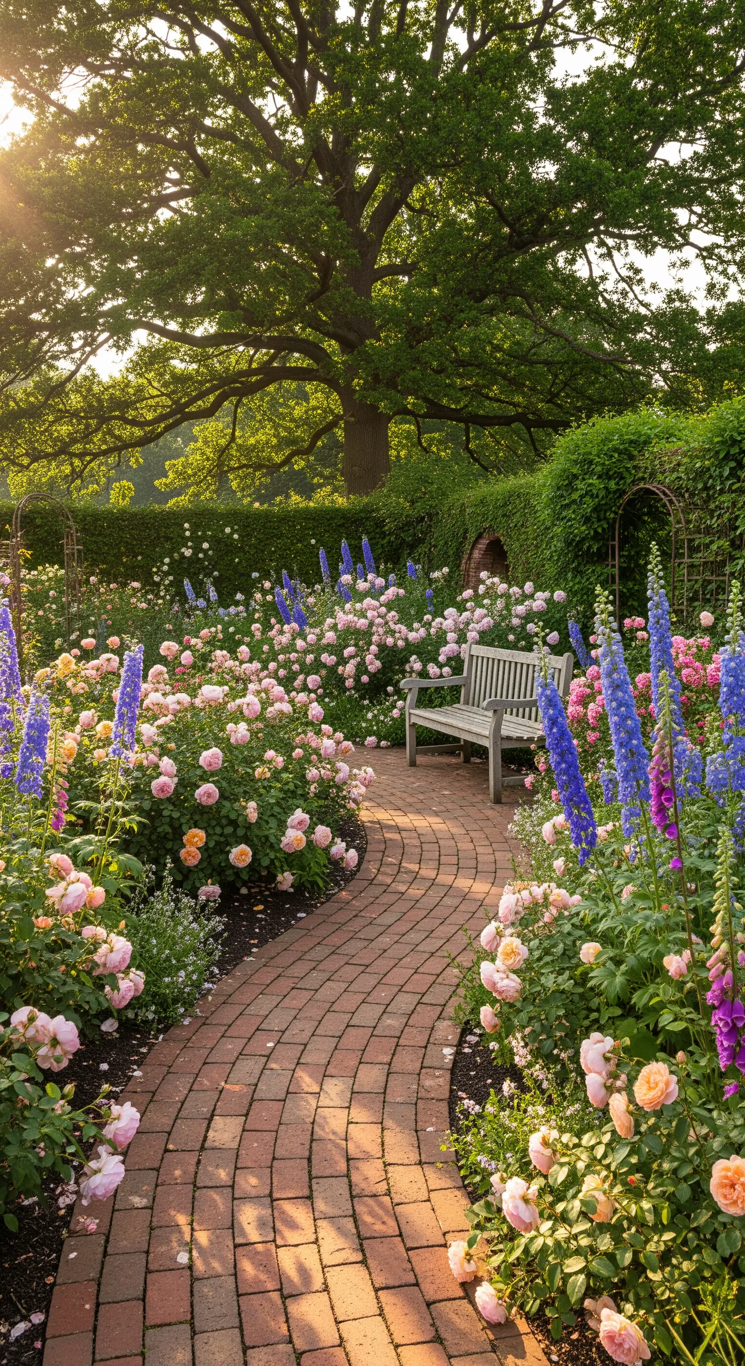 Geschwungener Backsteinweg gesäumt von rosa Rosen und blauem Rittersporn
