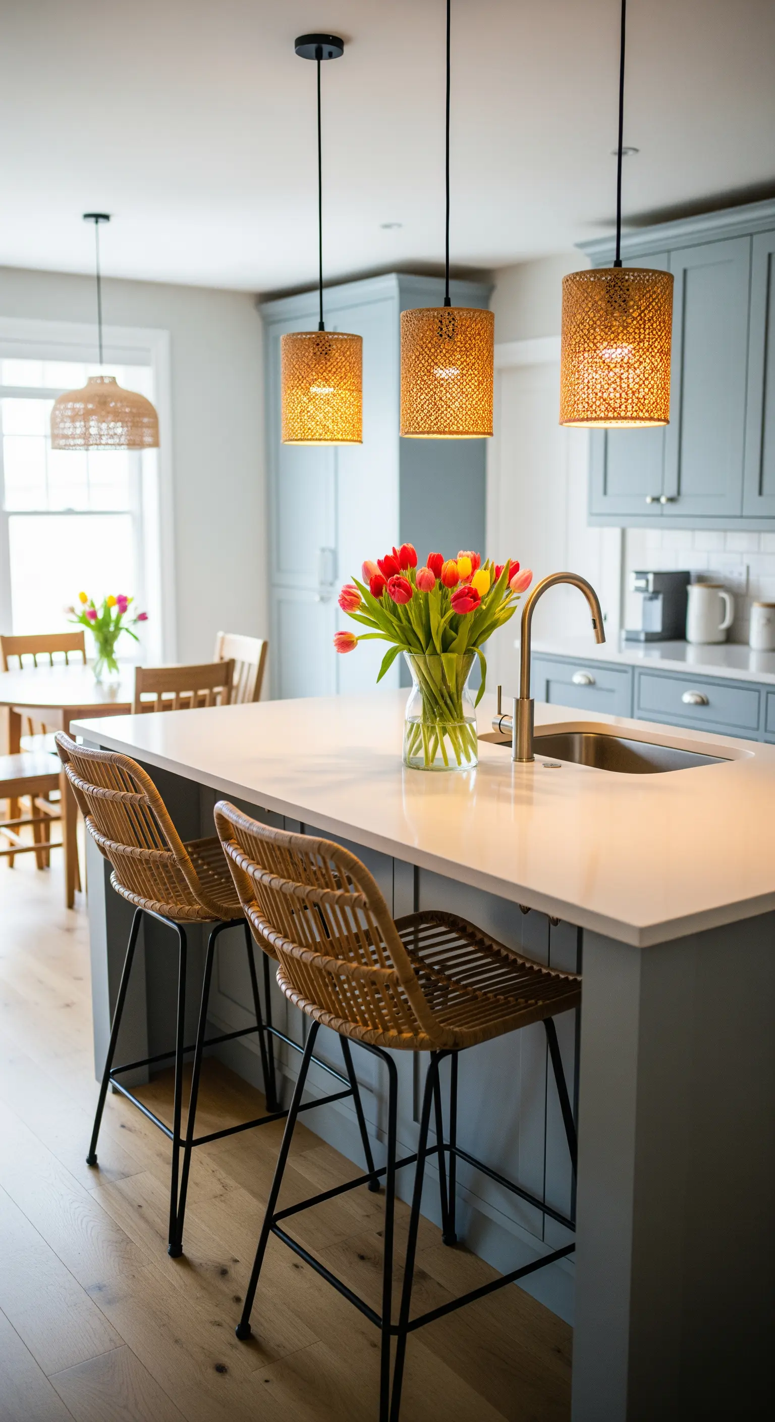 Kücheninsel mit Rattan-Barhockern und Pendelleuchten