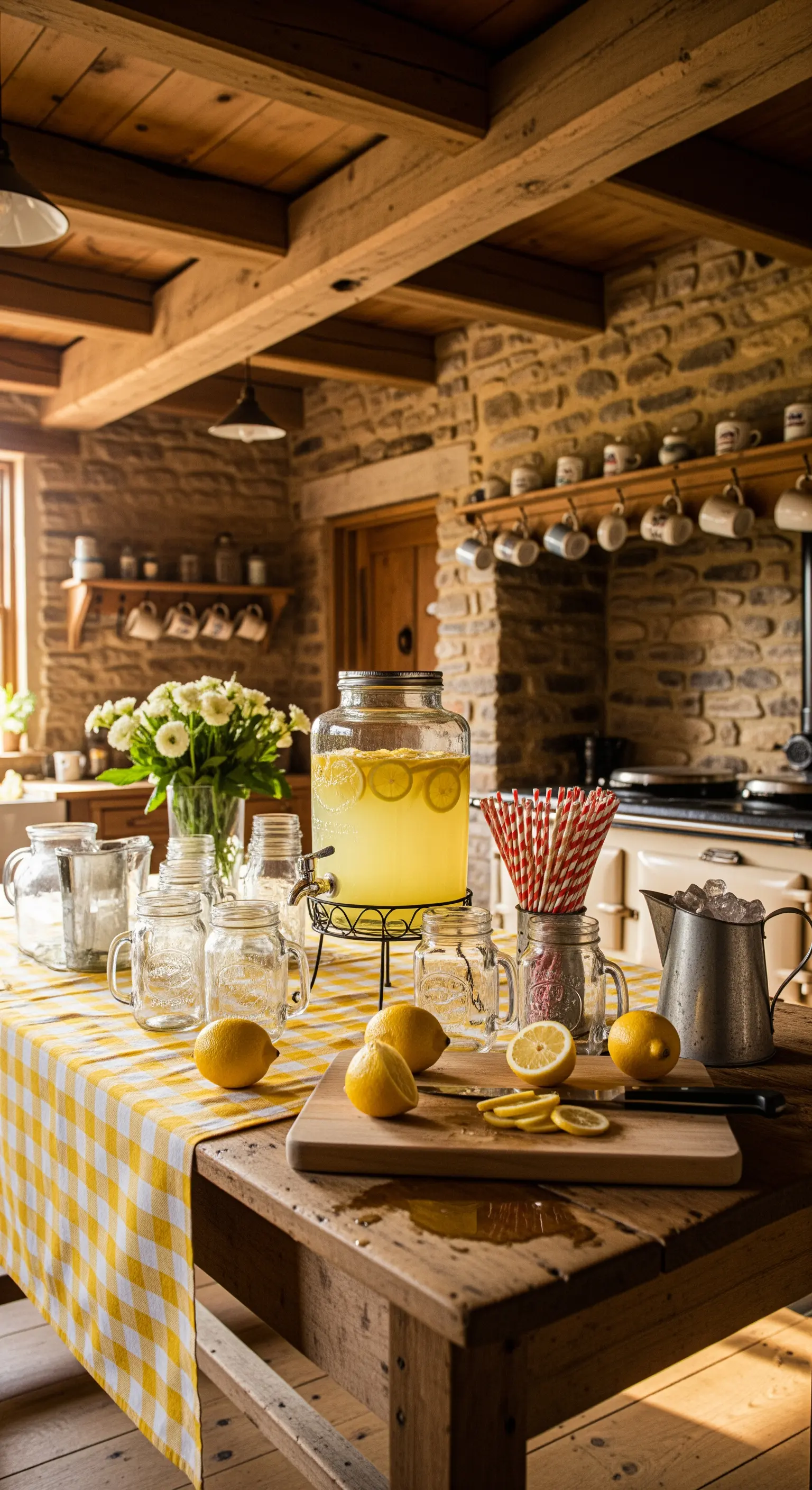 Getränkespender mit Limonade auf rustikalem Steintisch