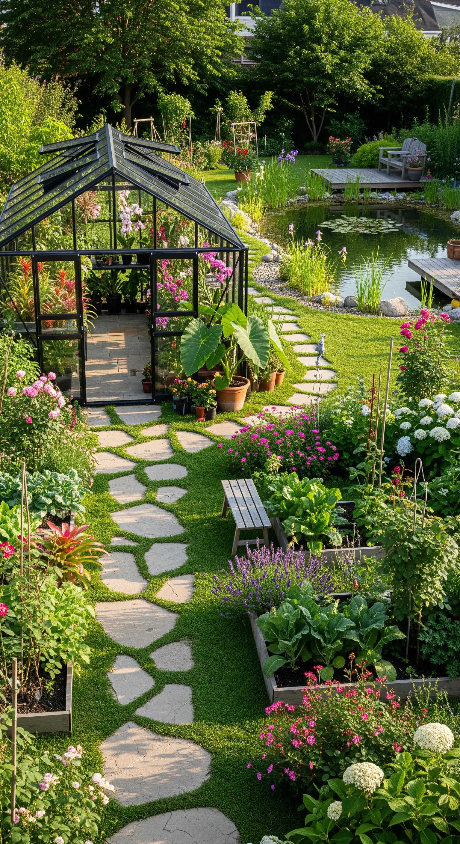 Schwarzes Gewächshaus im Japandi Garten
