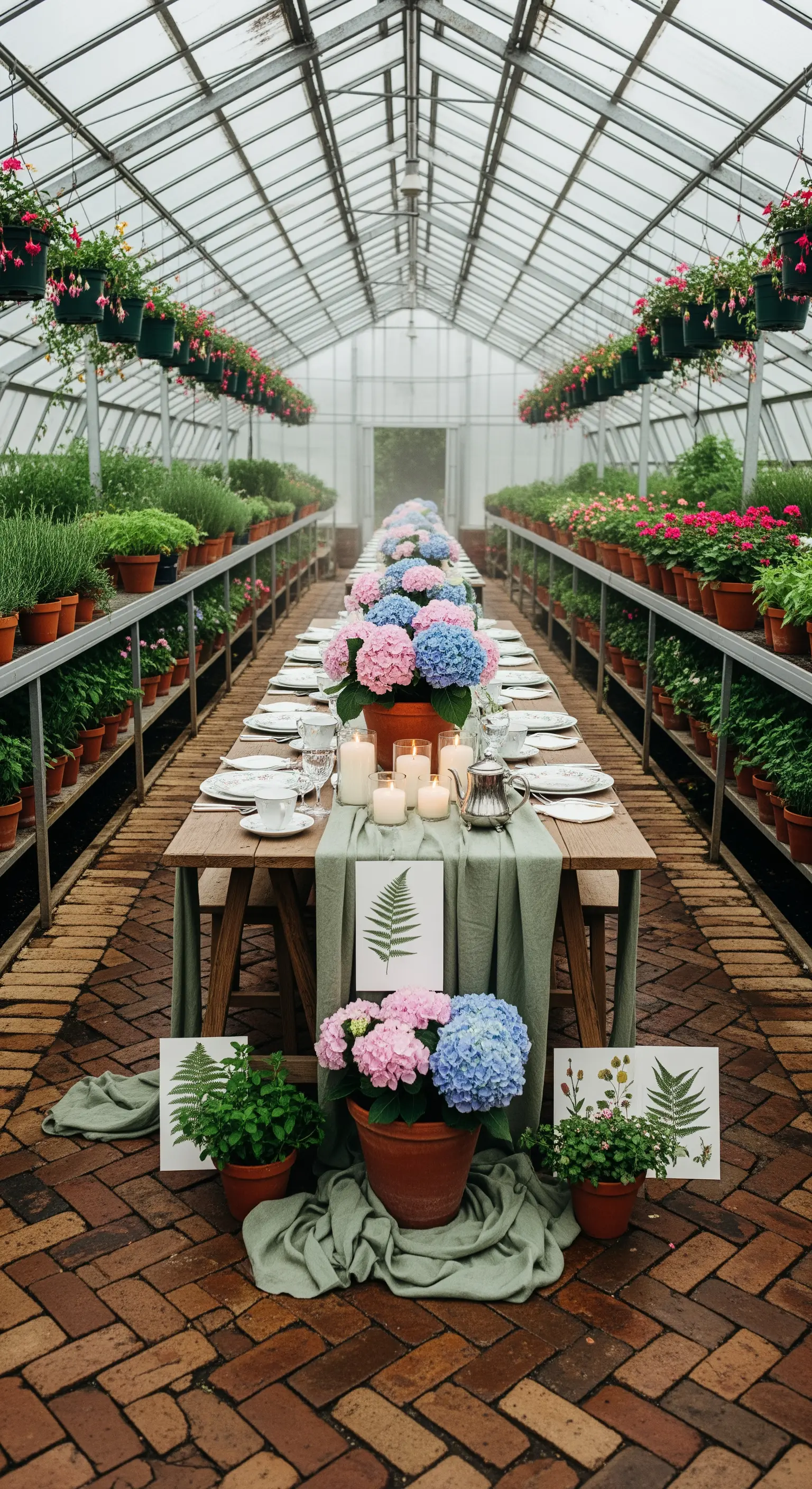 Lange Tafel im Gewächshaus mit Hortensien und Farn-Motiven
