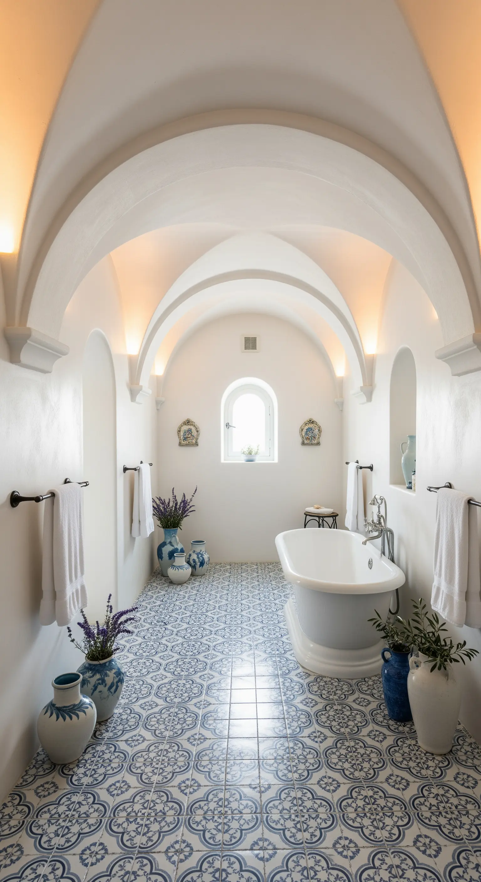 Weißes Bad mit Gewölbedecke und blau-weißen Bodenfliesen