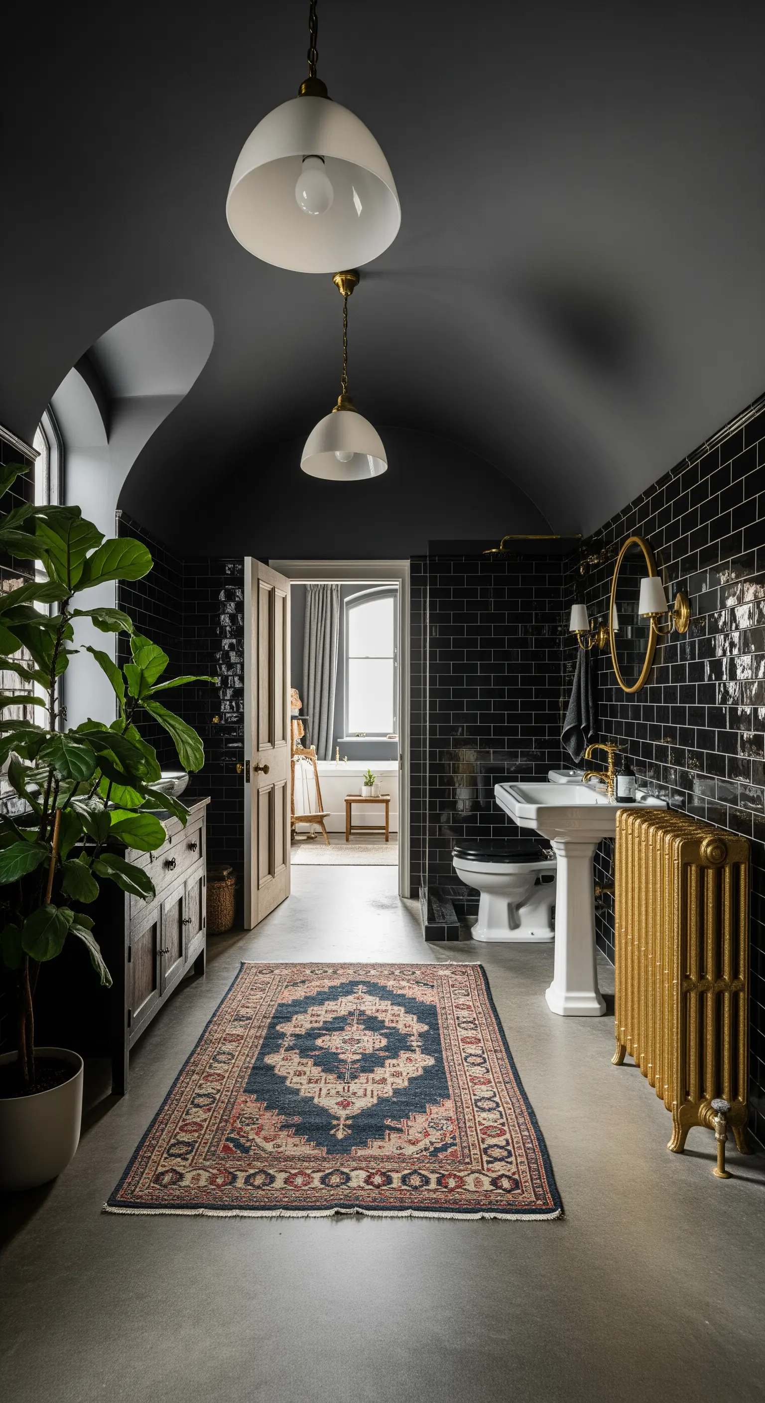 Bad mit schwarzer Gewölbedecke, Teppich und großen Pflanzen