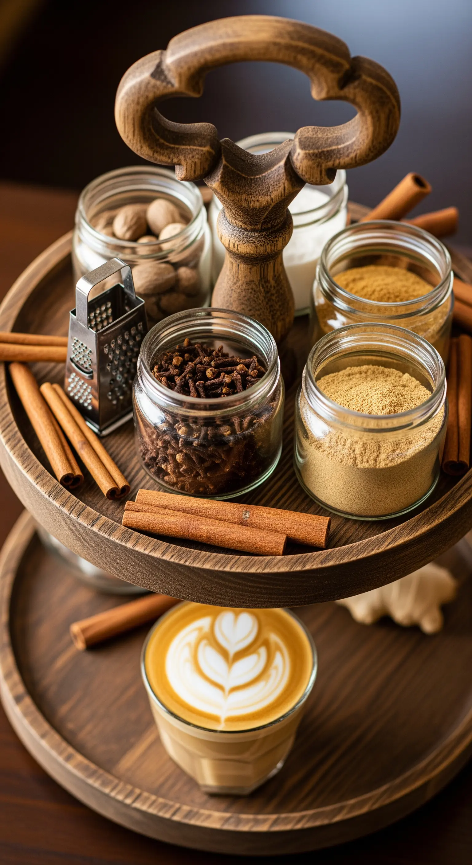 Holzetagere mit offenen Gewürzgläsern, Reibe und einem Latte Art Kaffee davor
