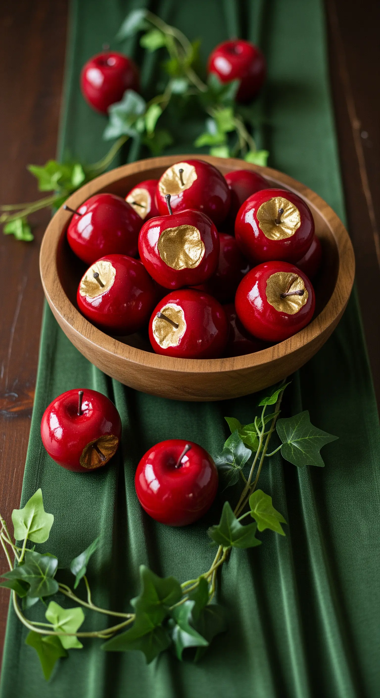 Rote Äpfel und Efeu auf dunkelgrünem Stoffläufer