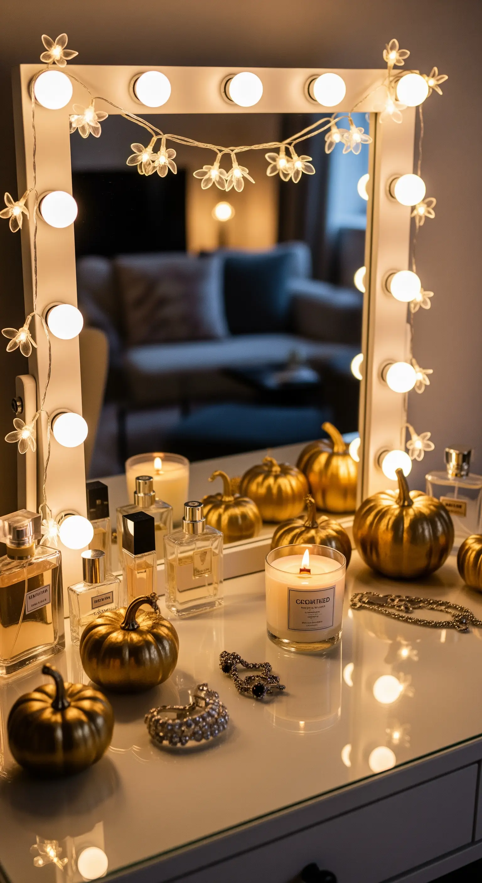 Schminktisch mit Spiegel, Lichterkette, goldenen Kürbissen und Parfums