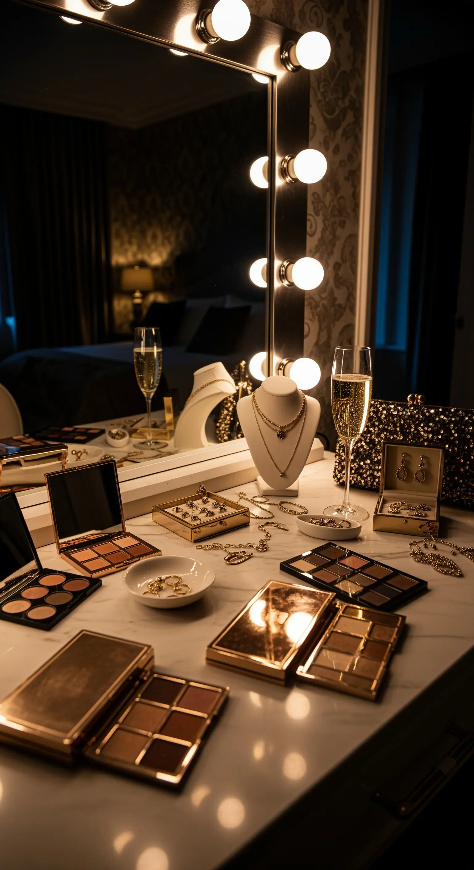 Beleuchteter Schminkspiegel mit goldenen Makeup-Paletten