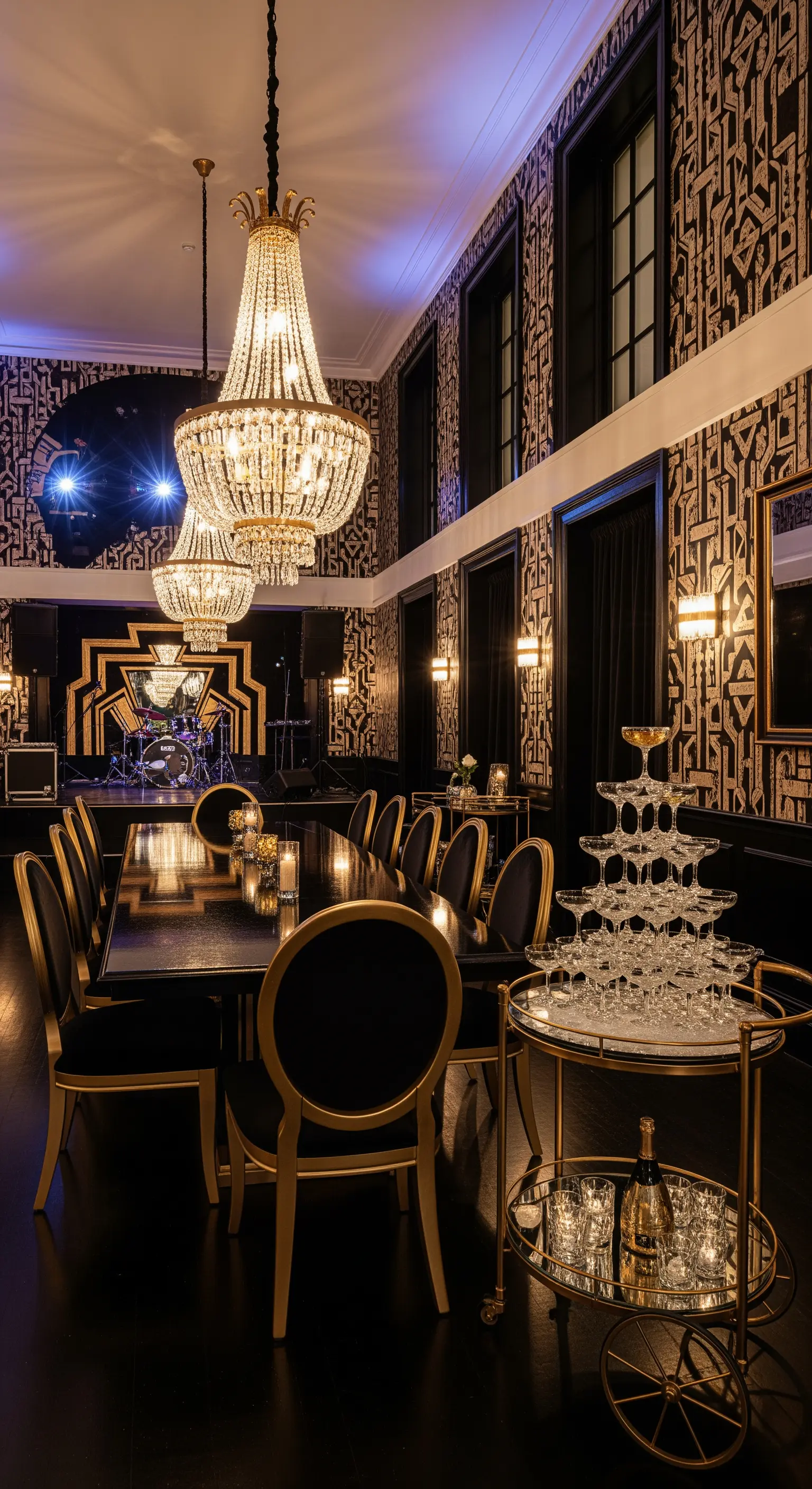Art-Deco Esszimmer in Schwarz-Gold mit Kronleuchtern