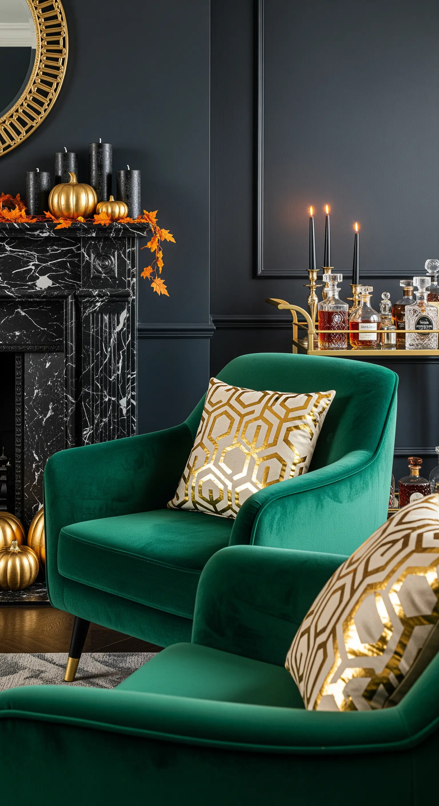 Dunkles Wohnzimmer mit grünem Samtsessel und Barwagen