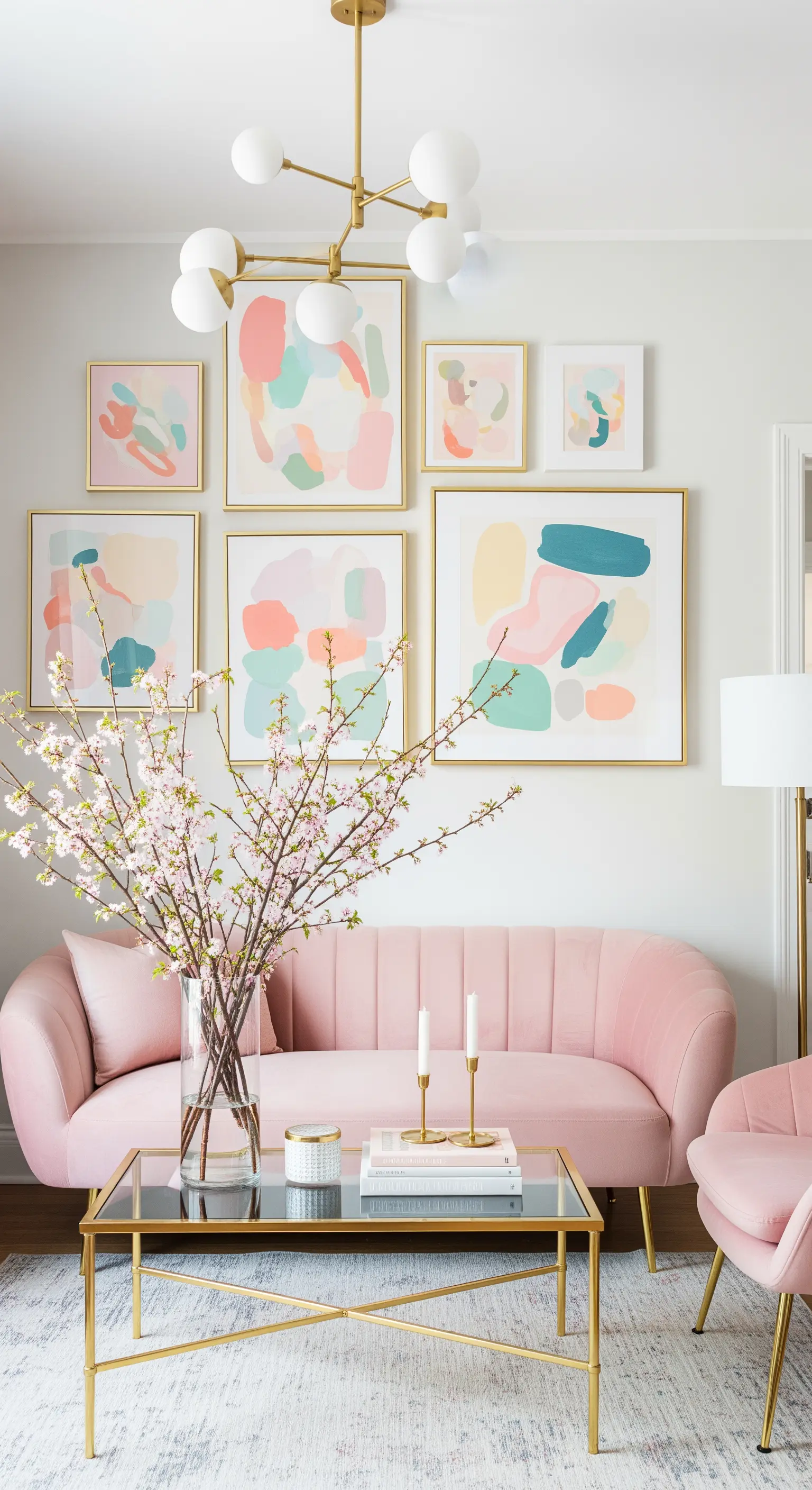 Rosa Samtsofa mit Goldtisch und großen Kirschblütenzweigen