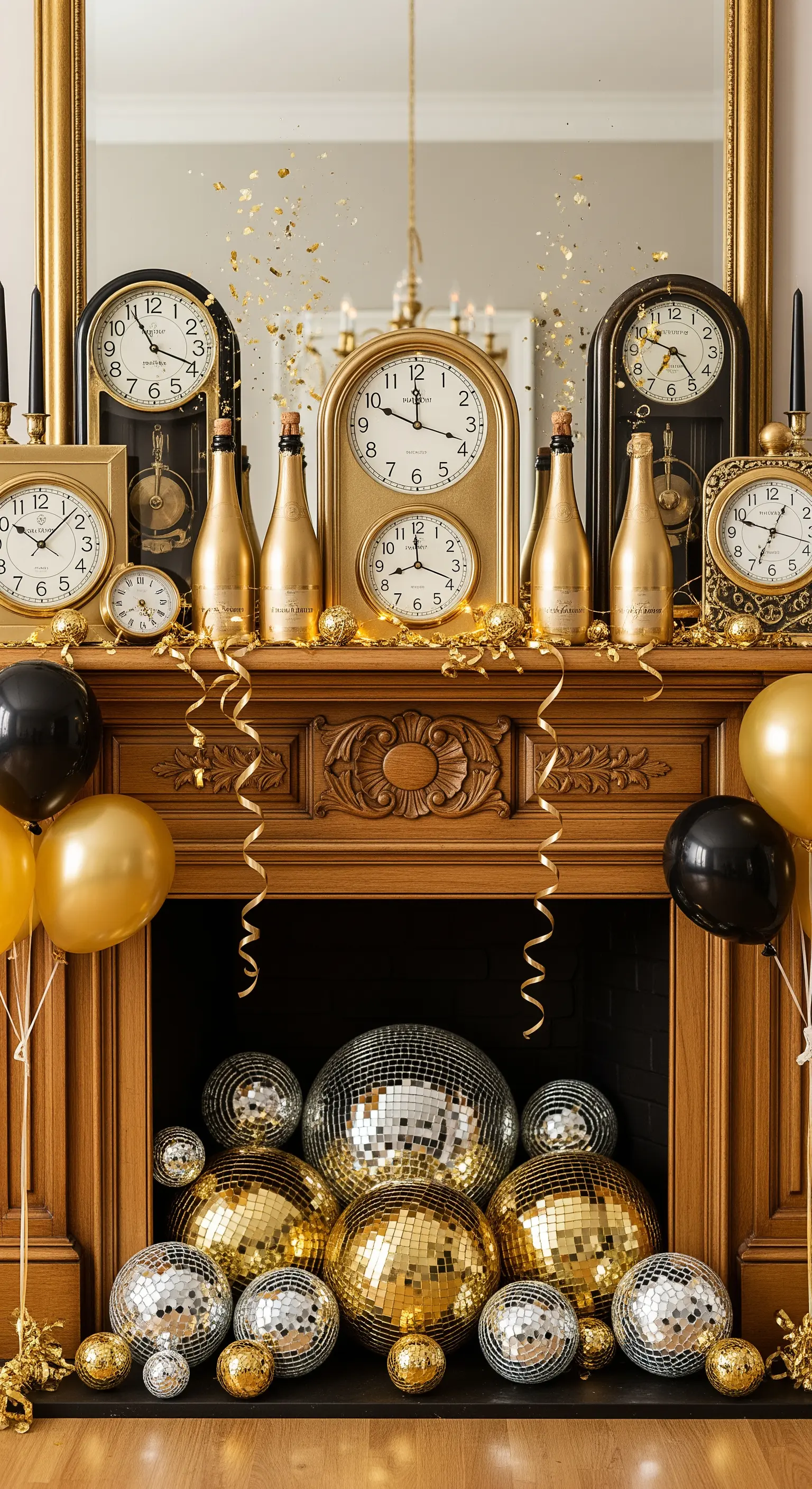 Diskokugeln im Kamin und Uhrensammlung auf dem Sims