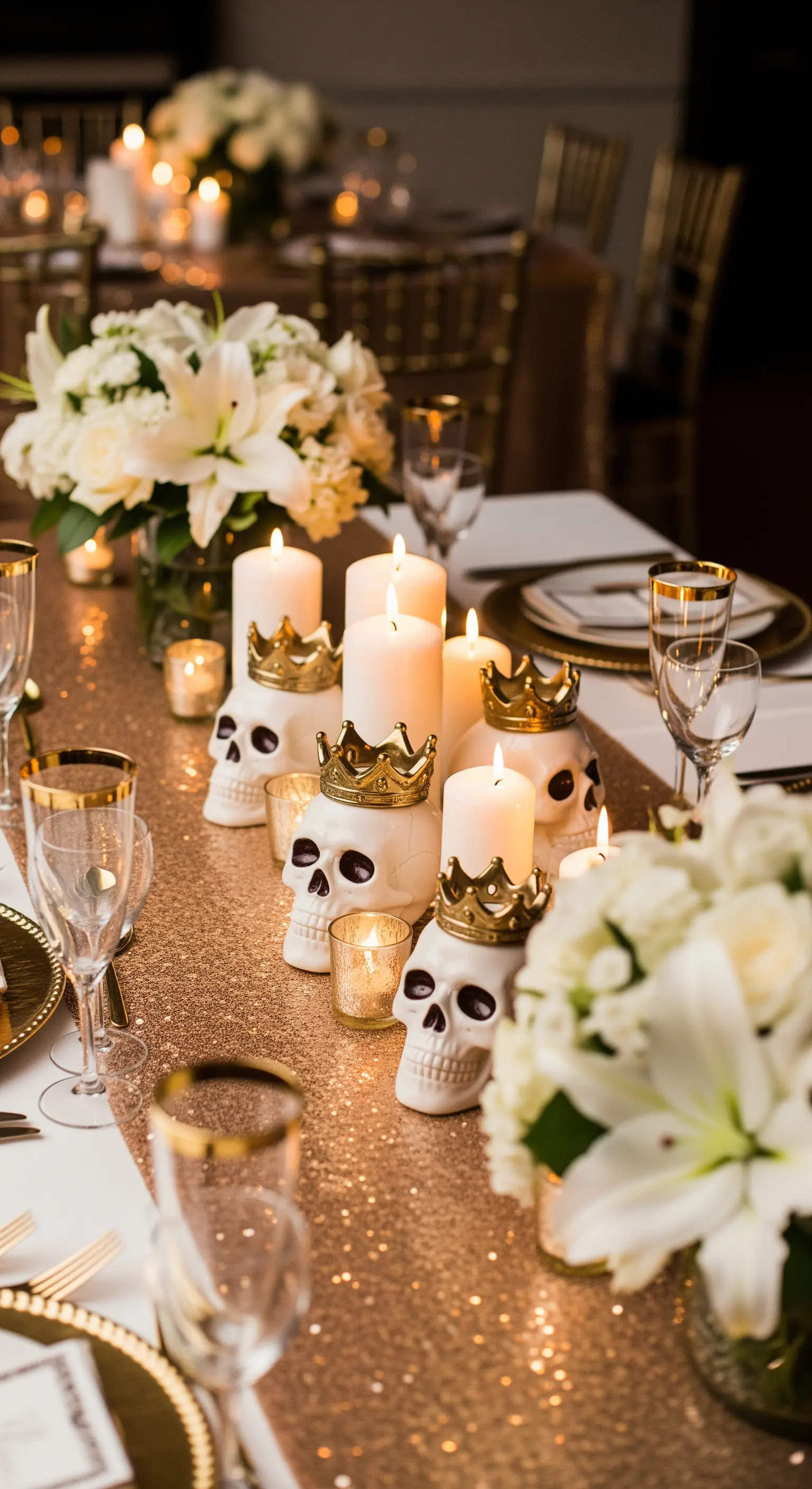 Weiße Totenköpfe mit Goldkronen und Pailletten-Tischläufer