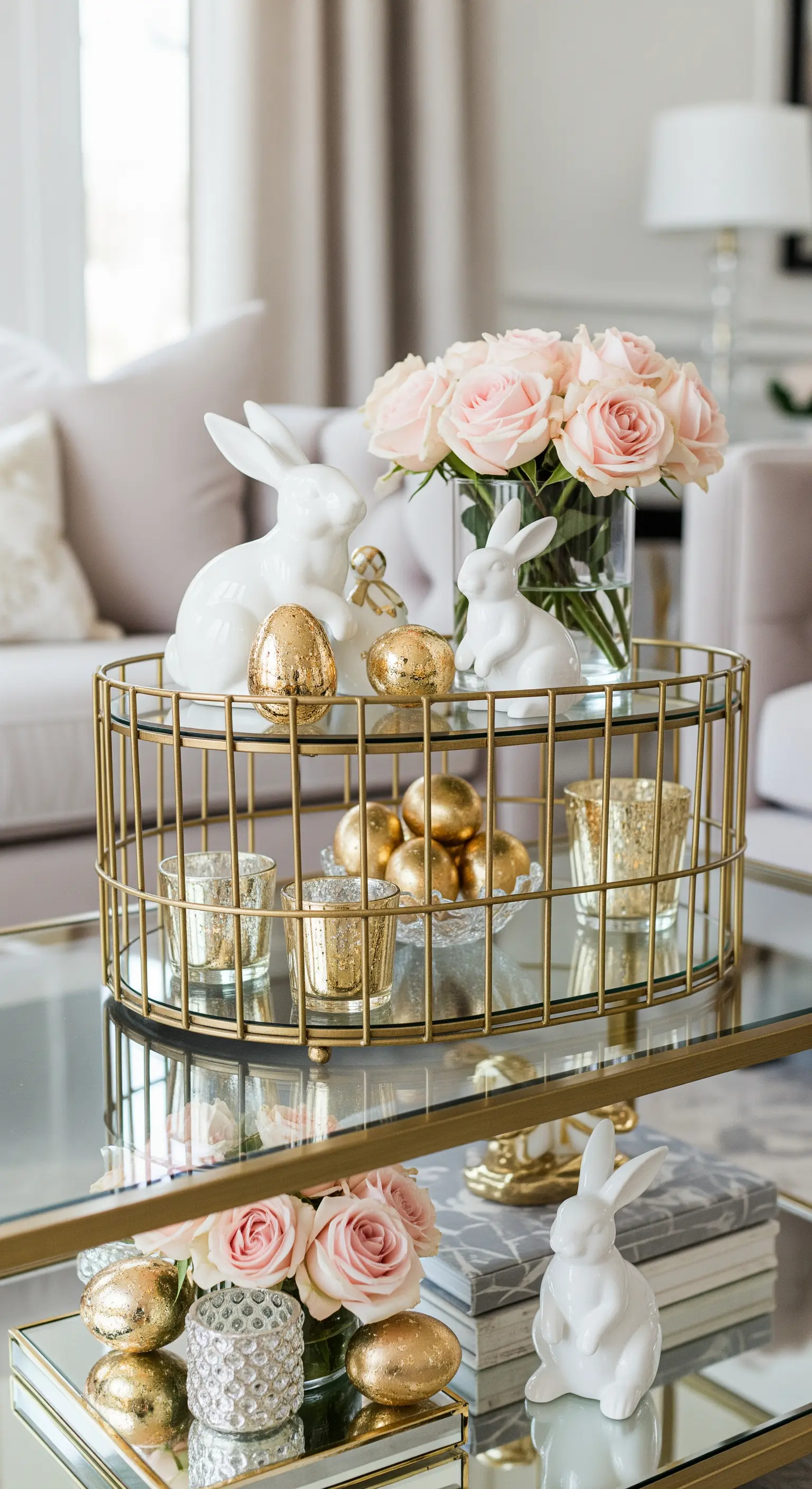 Goldene Gitter-Etagere mit Rosen und Gold-Eiern