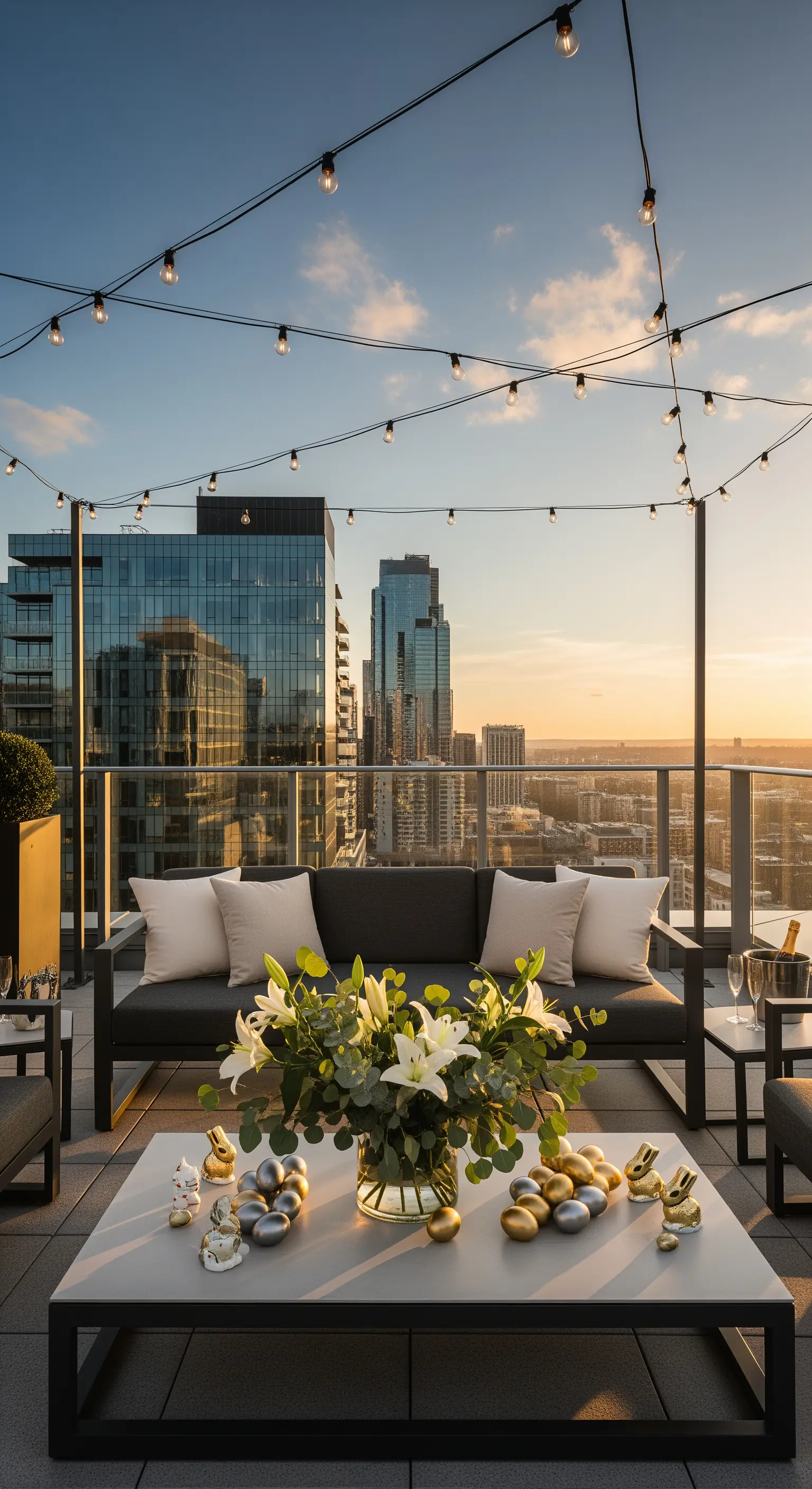 Dachterrasse bei Sonnenuntergang mit Lichterketten und Gold-Deko