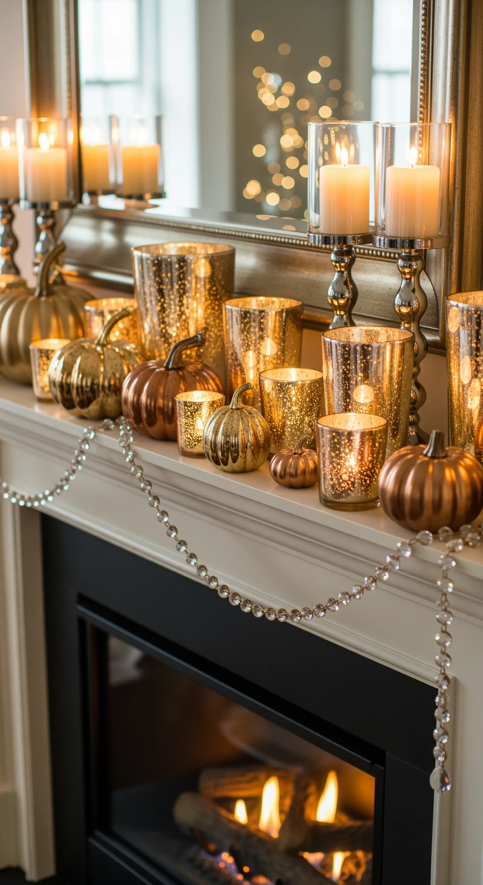 Kamin mit goldenen Kürbissen und vielen Windlichtern aus Glas